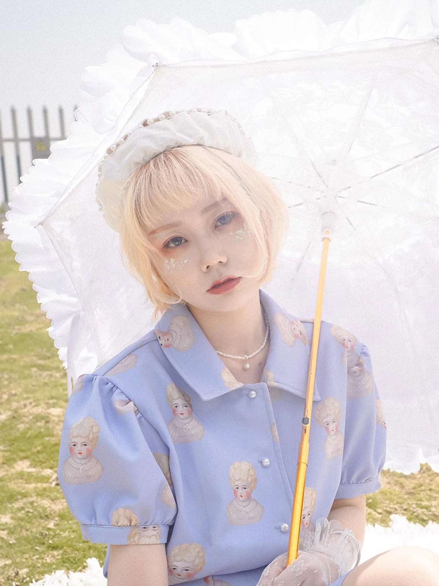 Vintage Porcelain Doll Floral Print Shirt