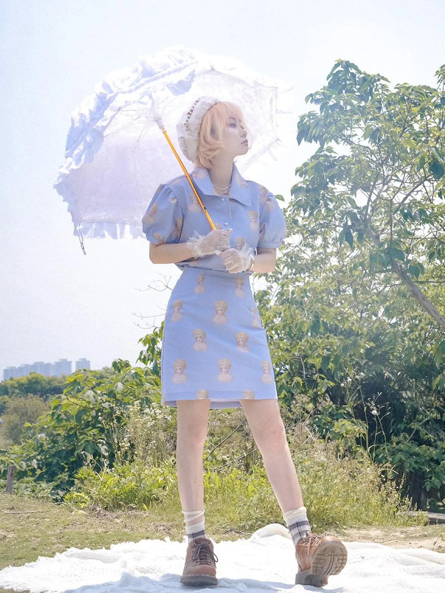 Vintage Porcelain Doll Floral Print Shirt