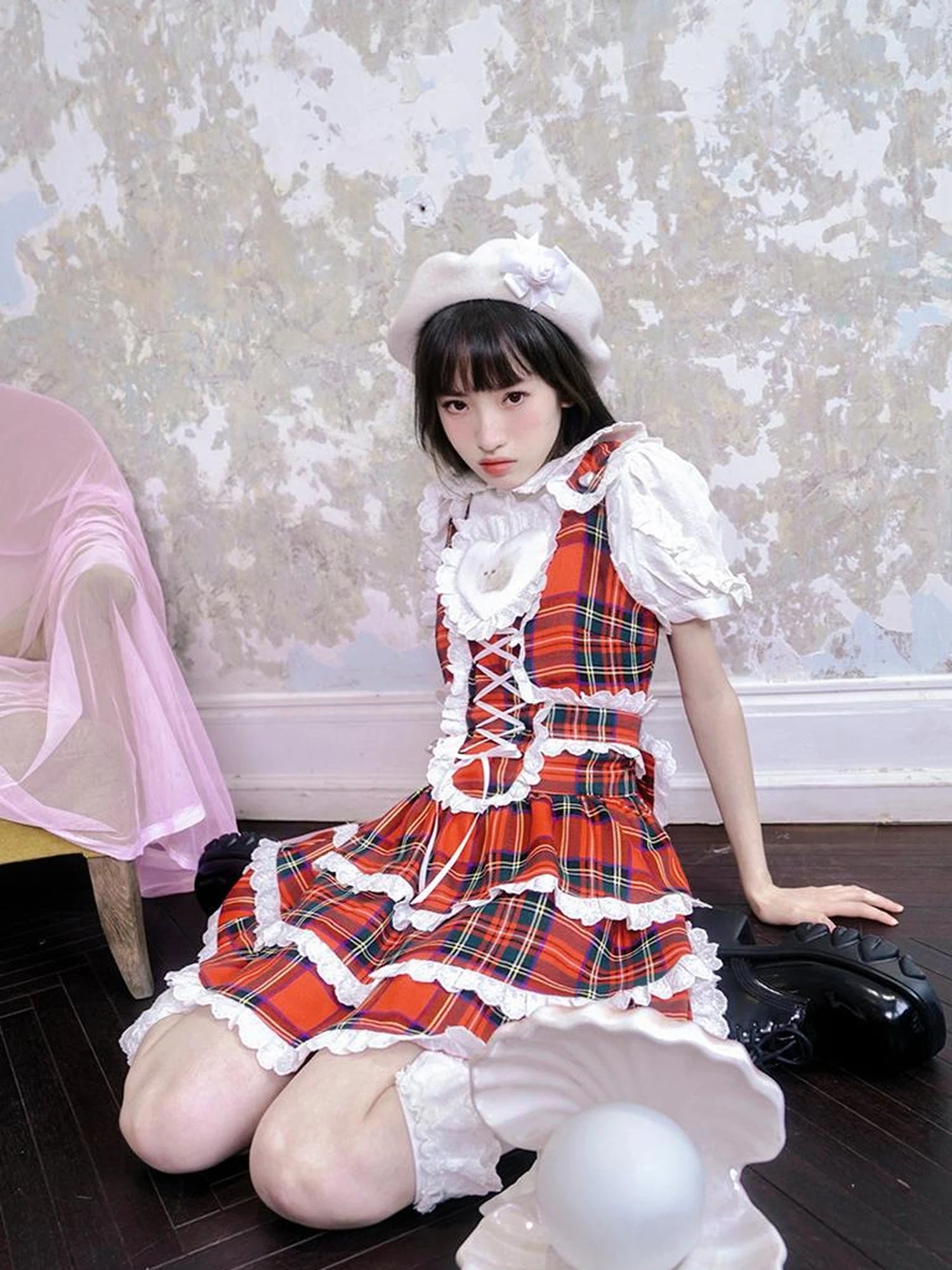 Vintage Red Plaid Cat Print Lace Sundress