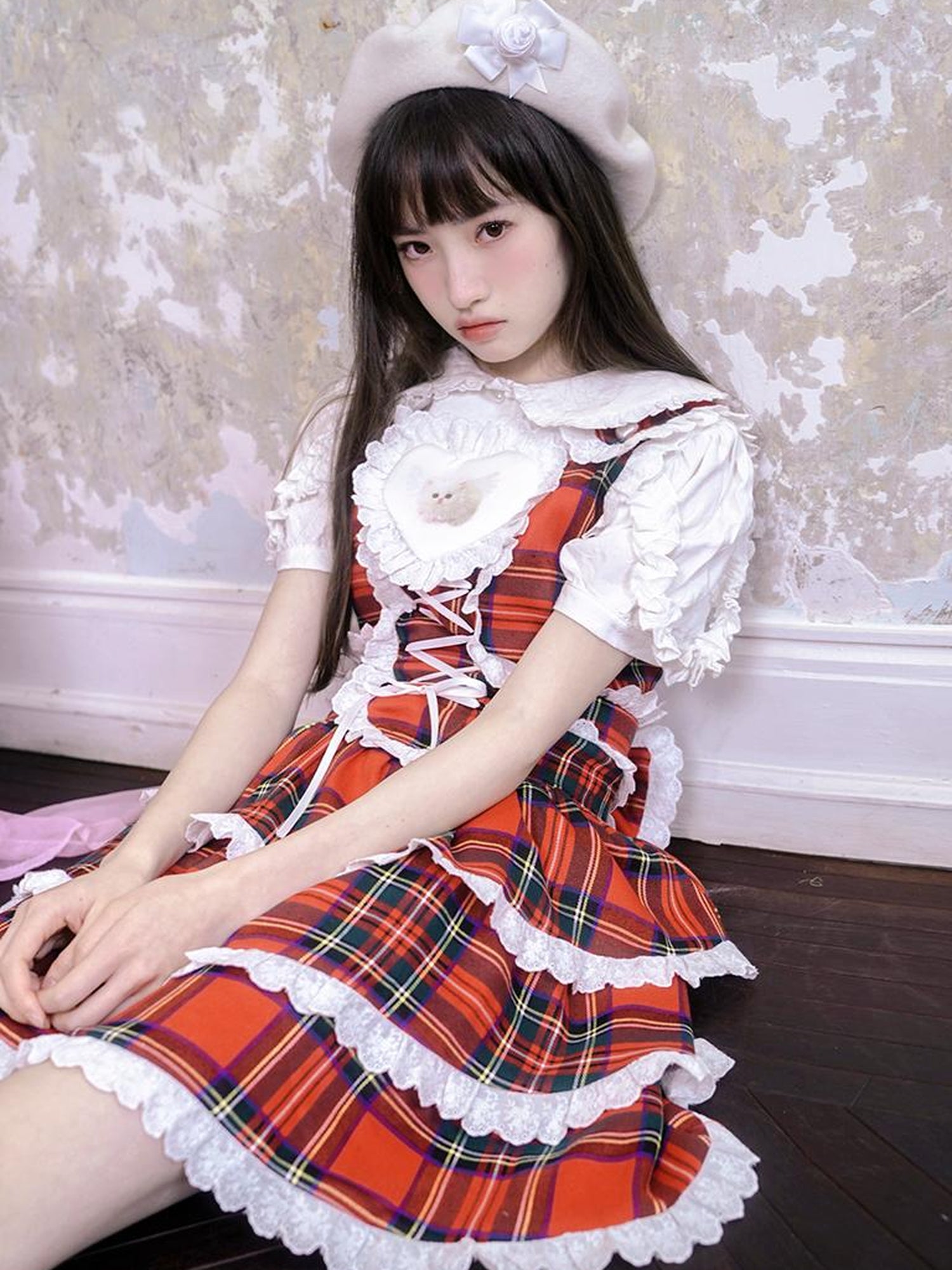 Daytoday Vintage Red Plaid Cat Print Lace Sundress