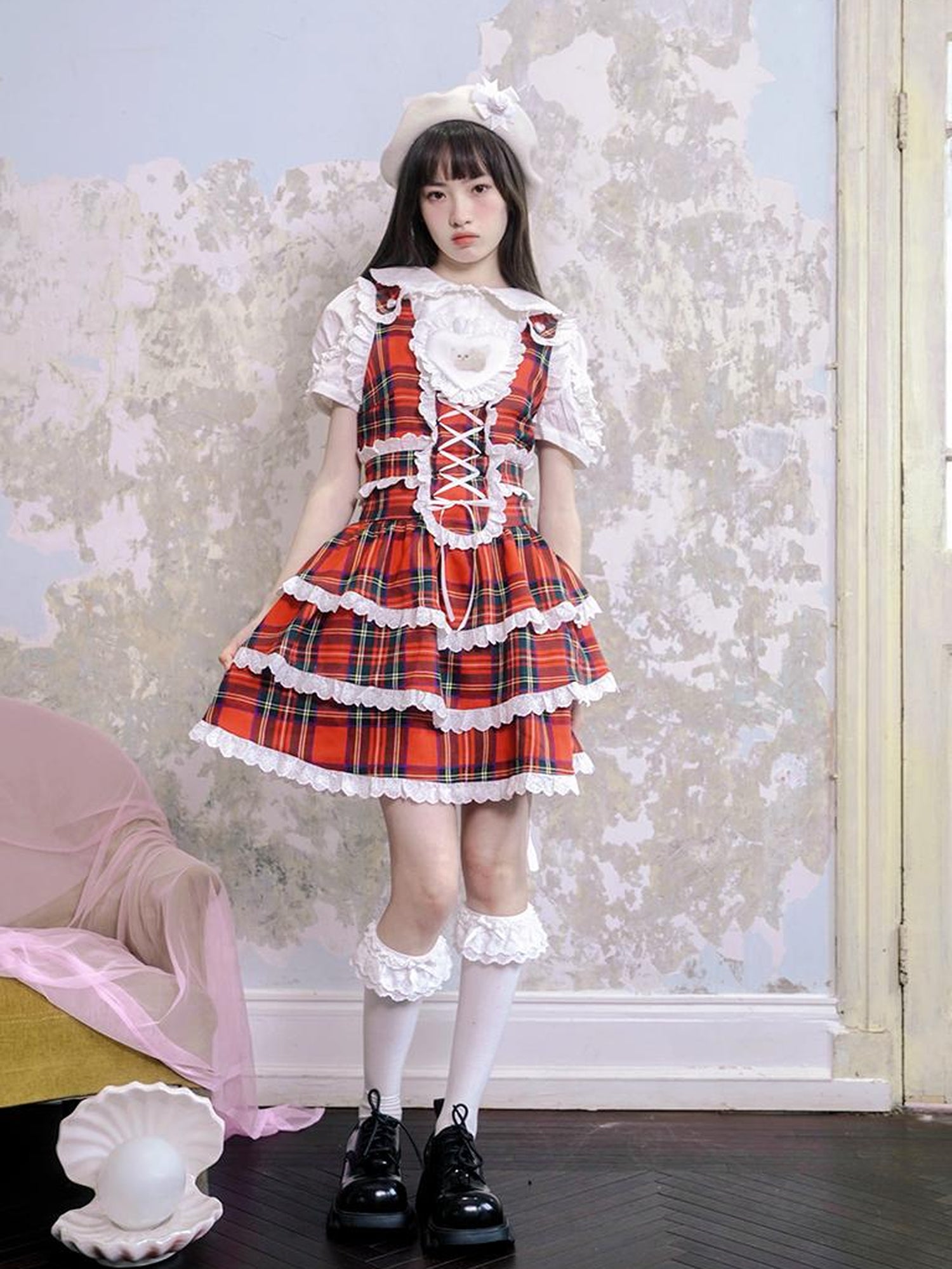 Daytoday Vintage Red Plaid Cat Print Lace Sundress