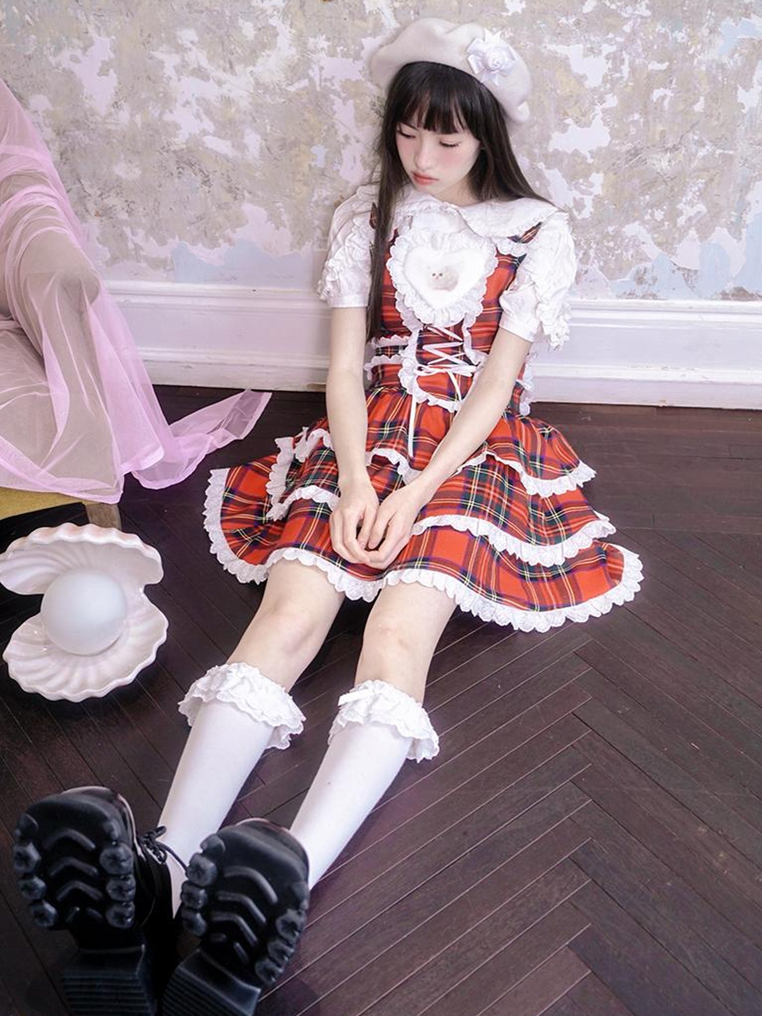 Daytoday Vintage Red Plaid Cat Print Lace Sundress