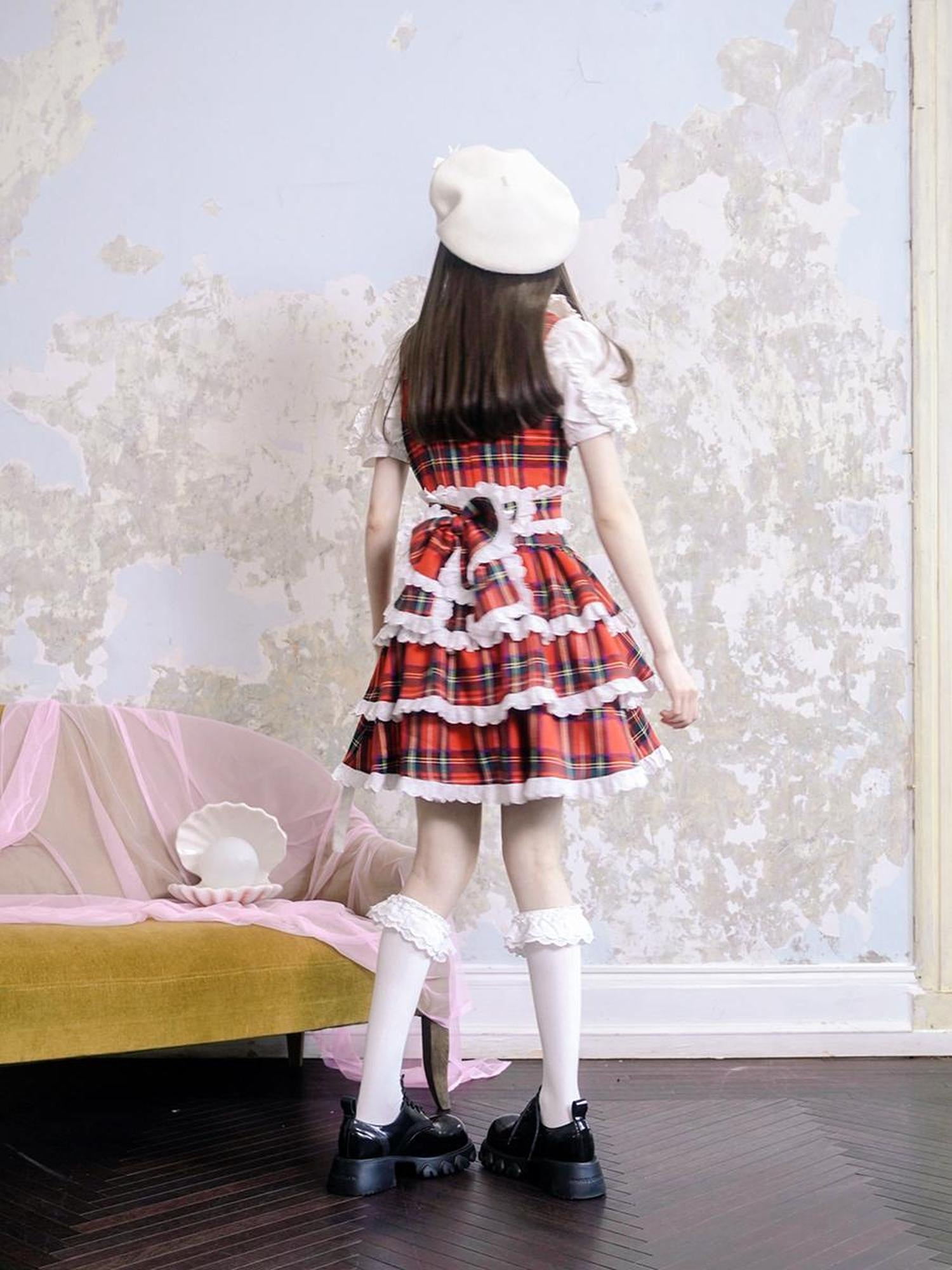 Daytoday Vintage Red Plaid Cat Print Lace Sundress