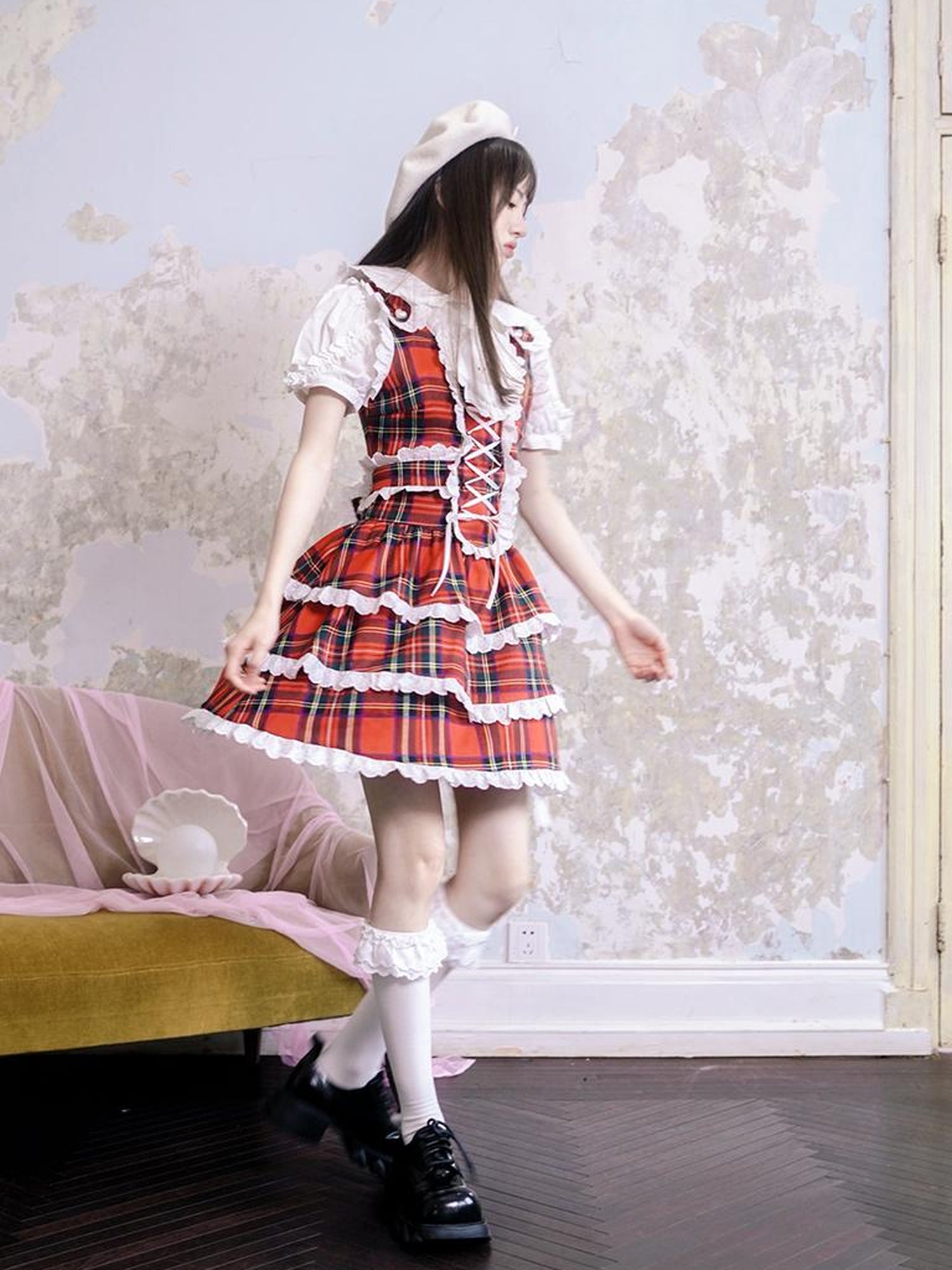 Daytoday Vintage Red Plaid Cat Print Lace Sundress