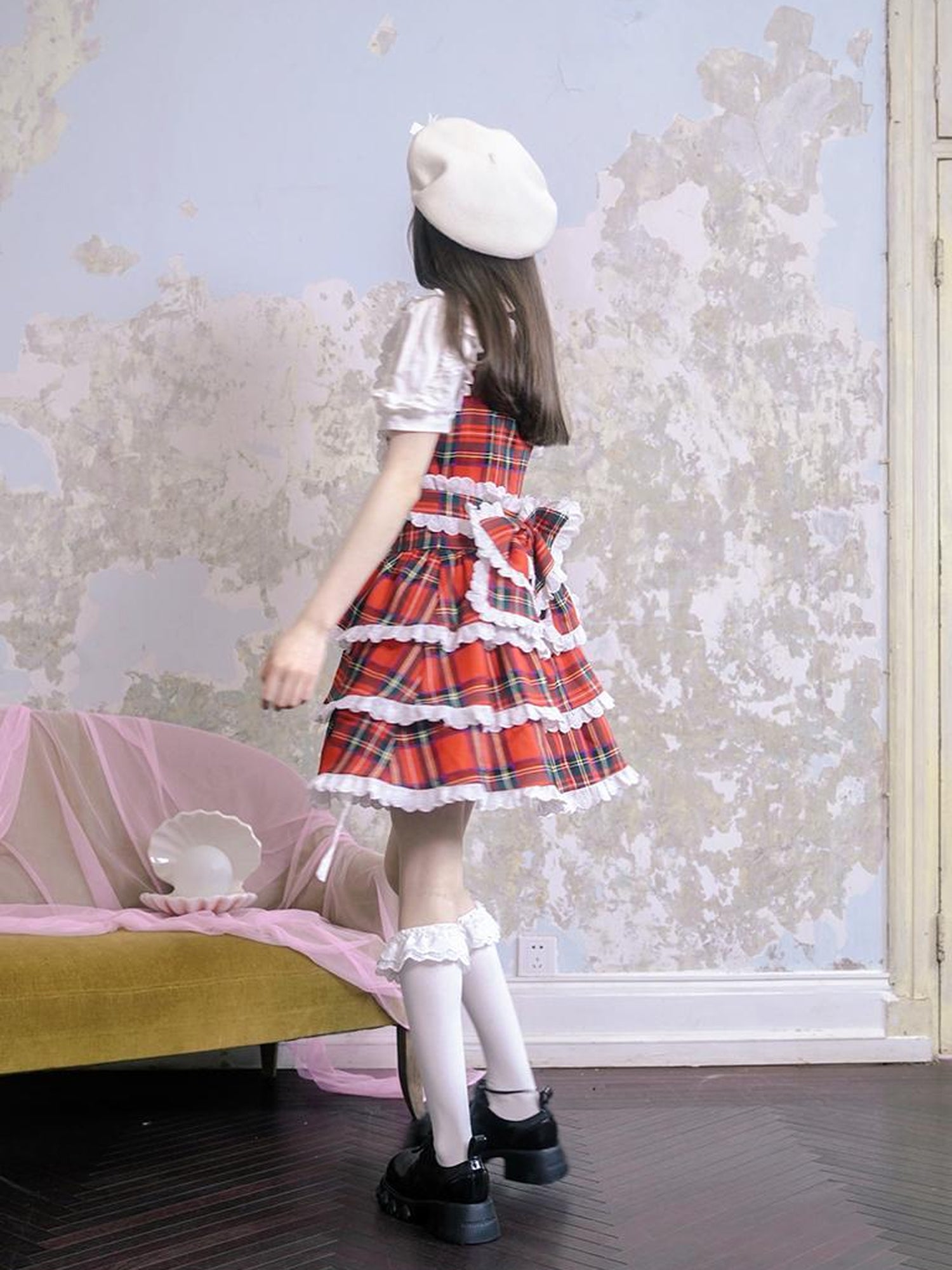 Daytoday Vintage Red Plaid Cat Print Lace Sundress