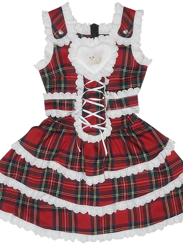 Vintage Red Plaid Cat Print Lace Sundress