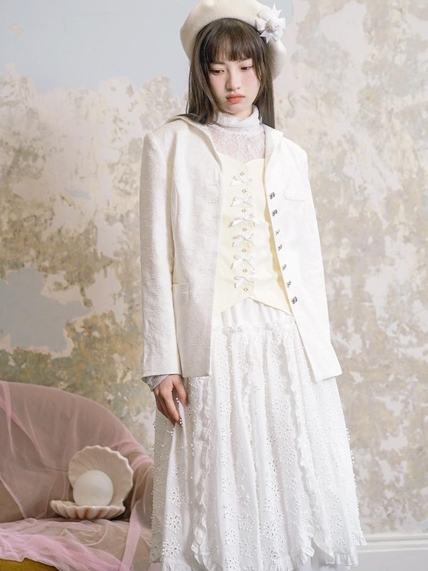 Daytoday Vintage Rose Jacquard Sailor Collar Blazer