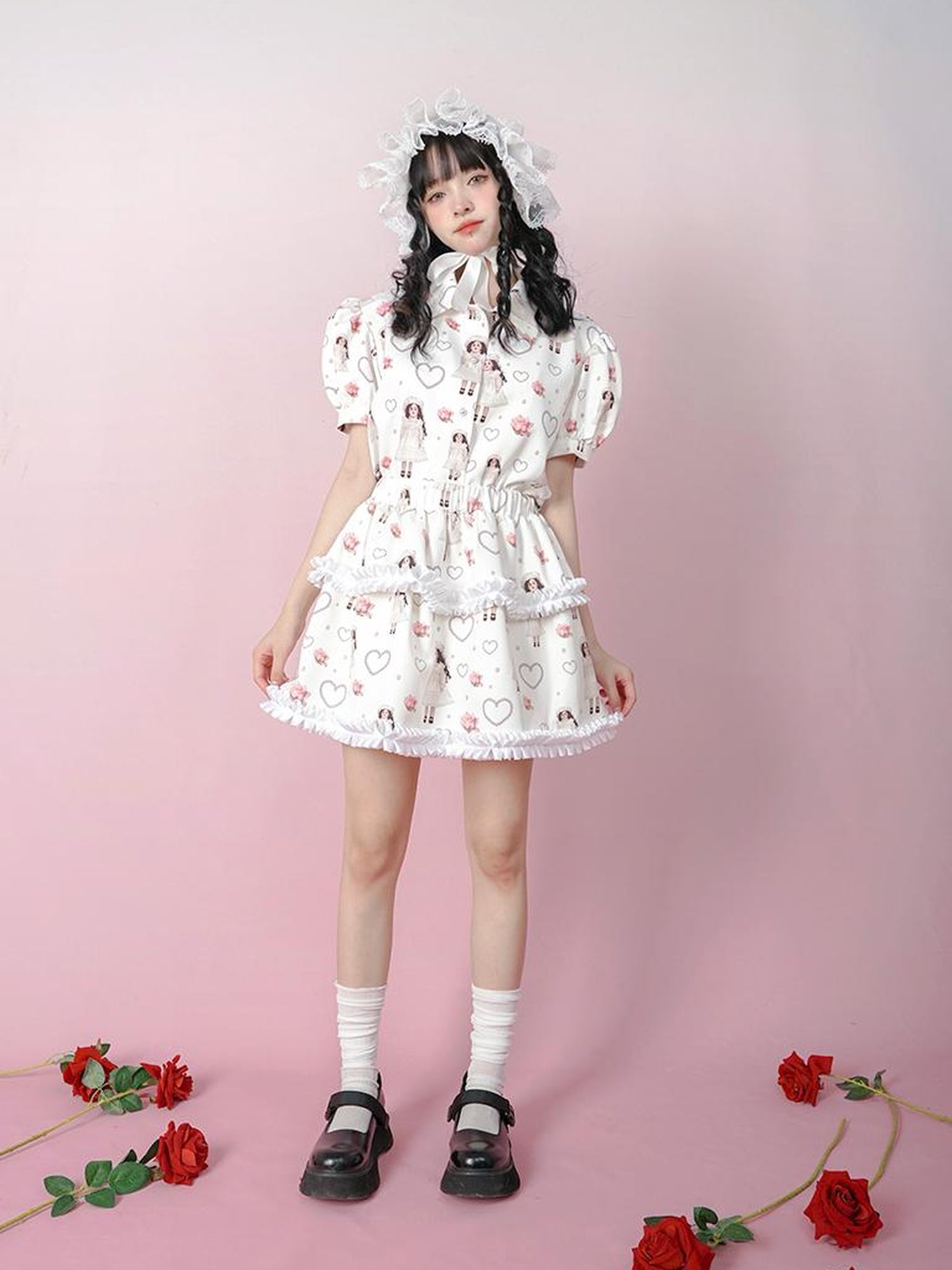 Daytoday Vintage Rose Pearl Print Puff Sleeve Blouse