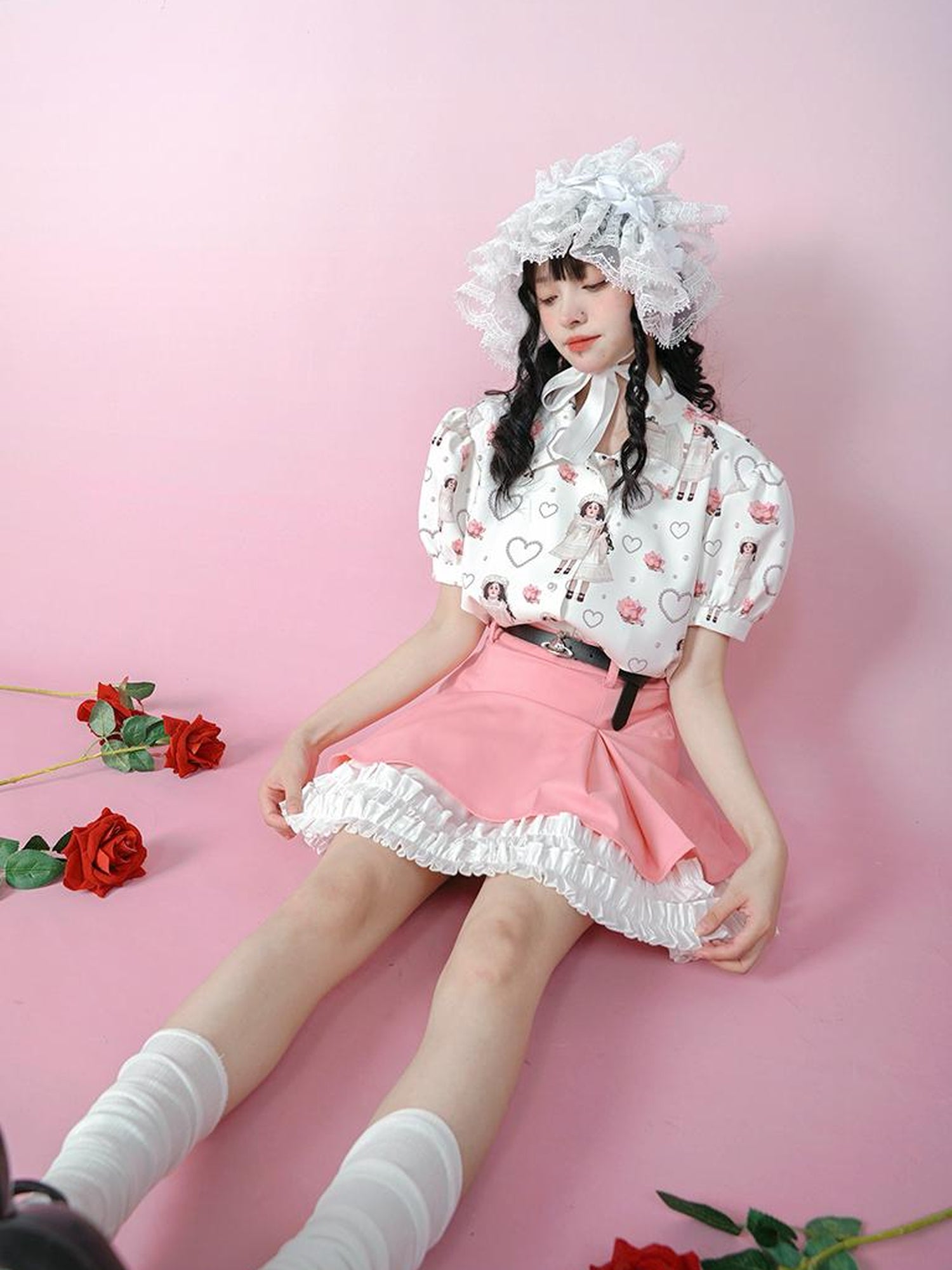 Daytoday Vintage Rose Pearl Print Puff Sleeve Blouse