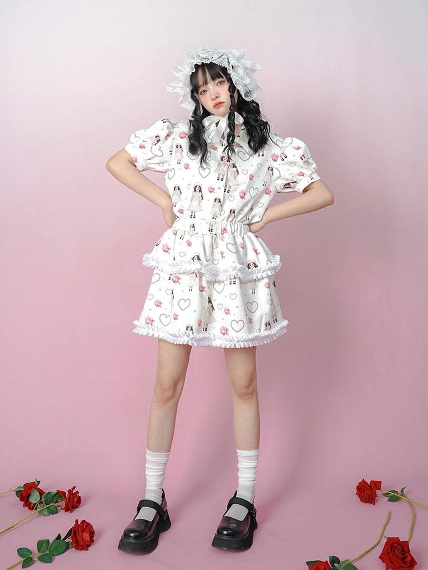 Daytoday Vintage Rose Pearl Print Puff Sleeve Blouse