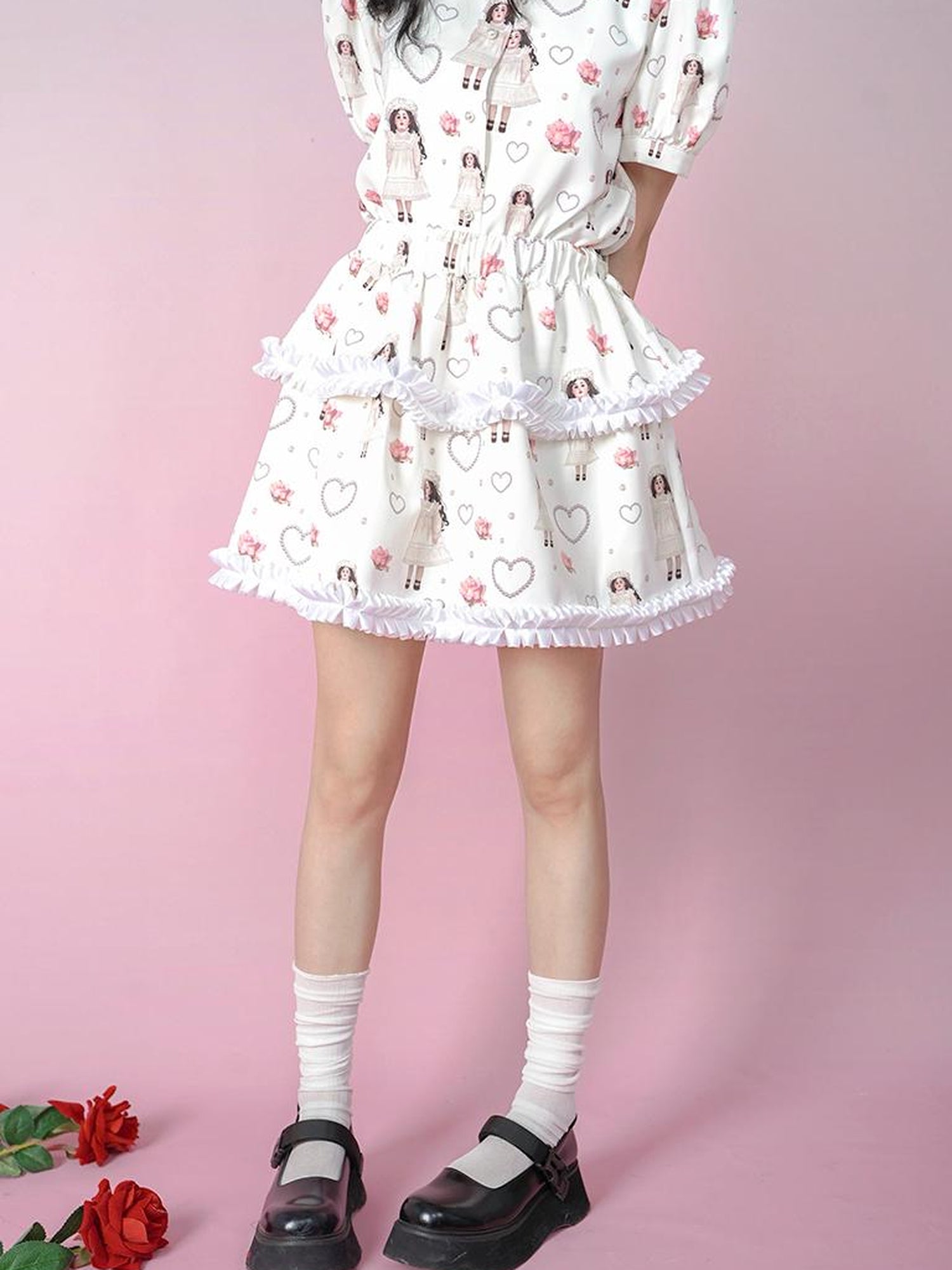 Daytoday Vintage Rose Pearl Print Puff Sleeve Blouse