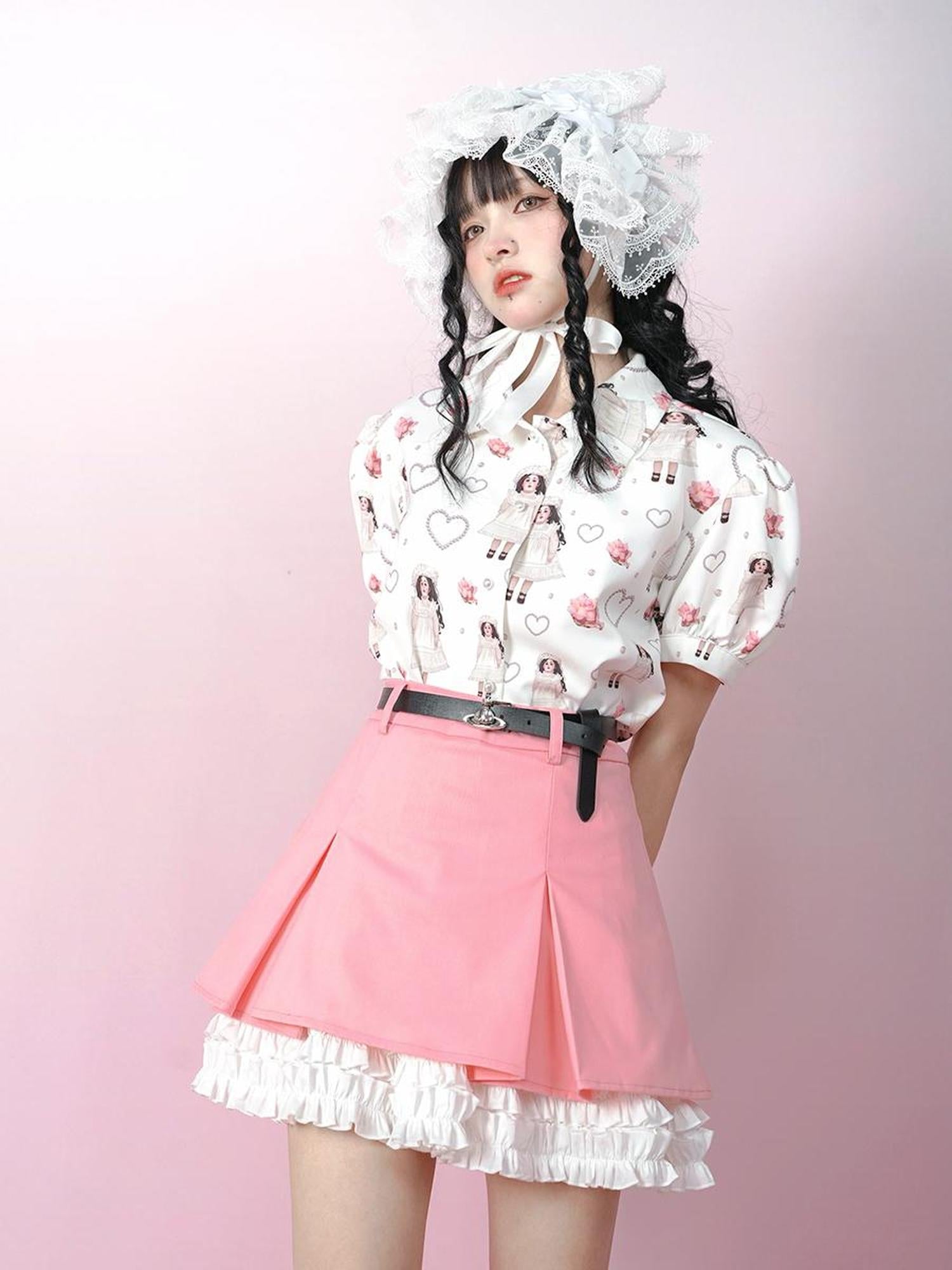 Daytoday Vintage Rose Pearl Print Puff Sleeve Blouse