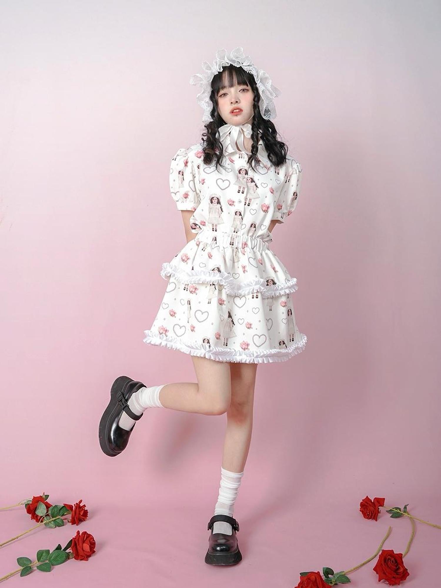 Daytoday Vintage Rose Pearl Print Puff Sleeve Blouse
