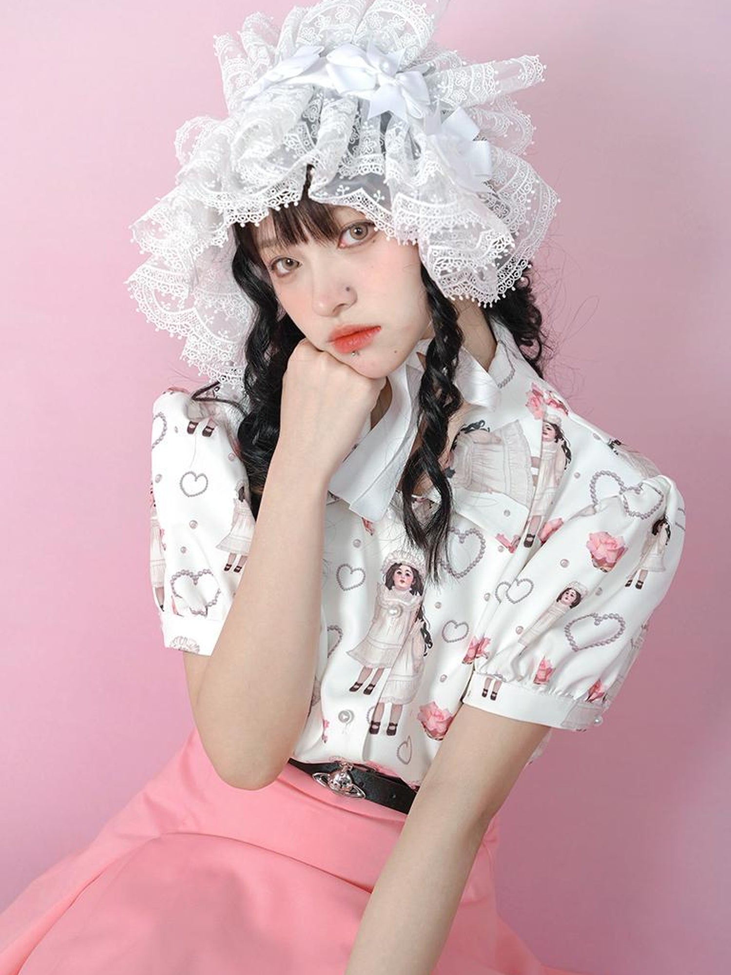 Daytoday Vintage Rose Pearl Print Puff Sleeve Blouse