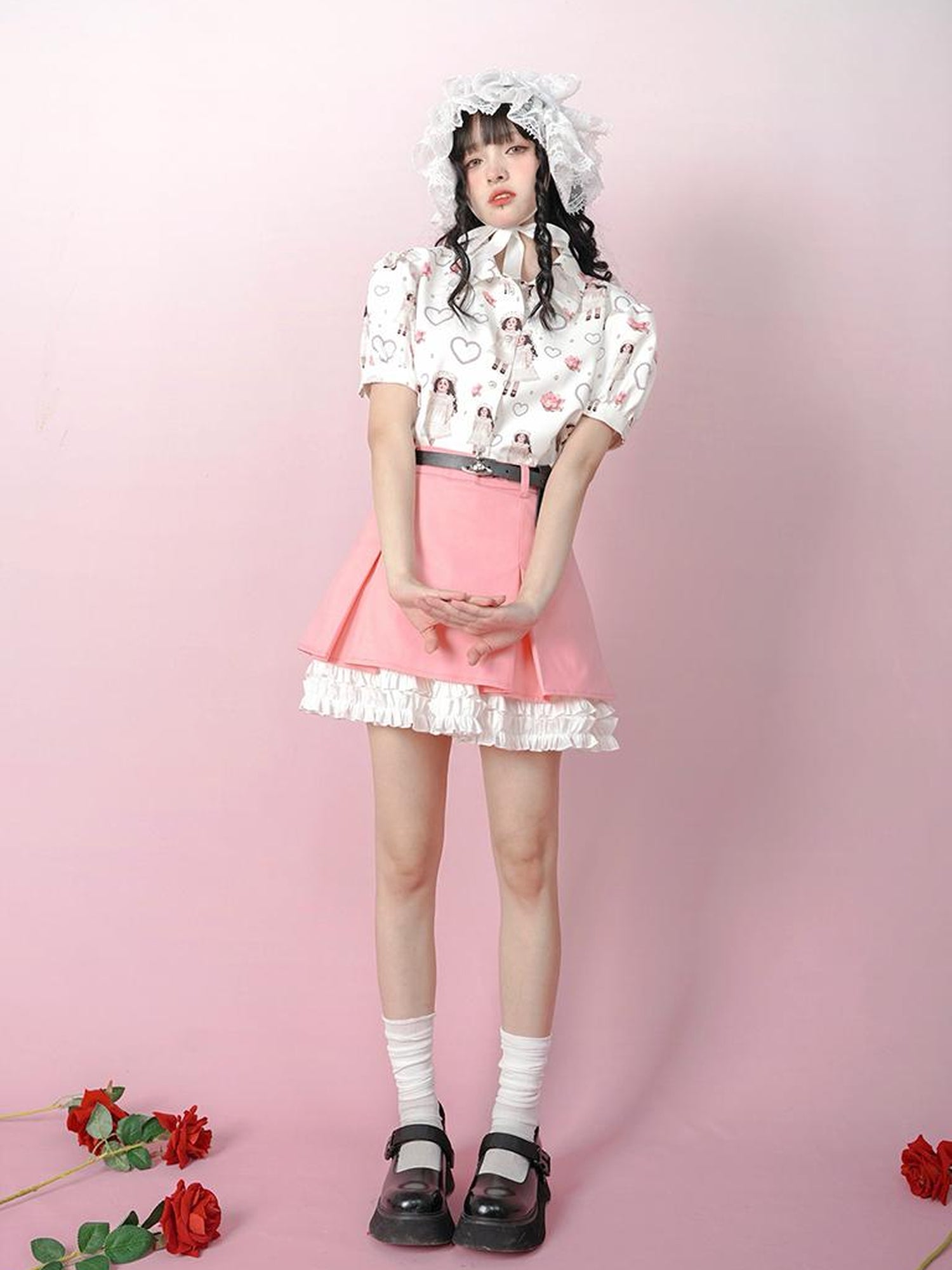 Daytoday Vintage Rose Pearl Print Puff Sleeve Blouse