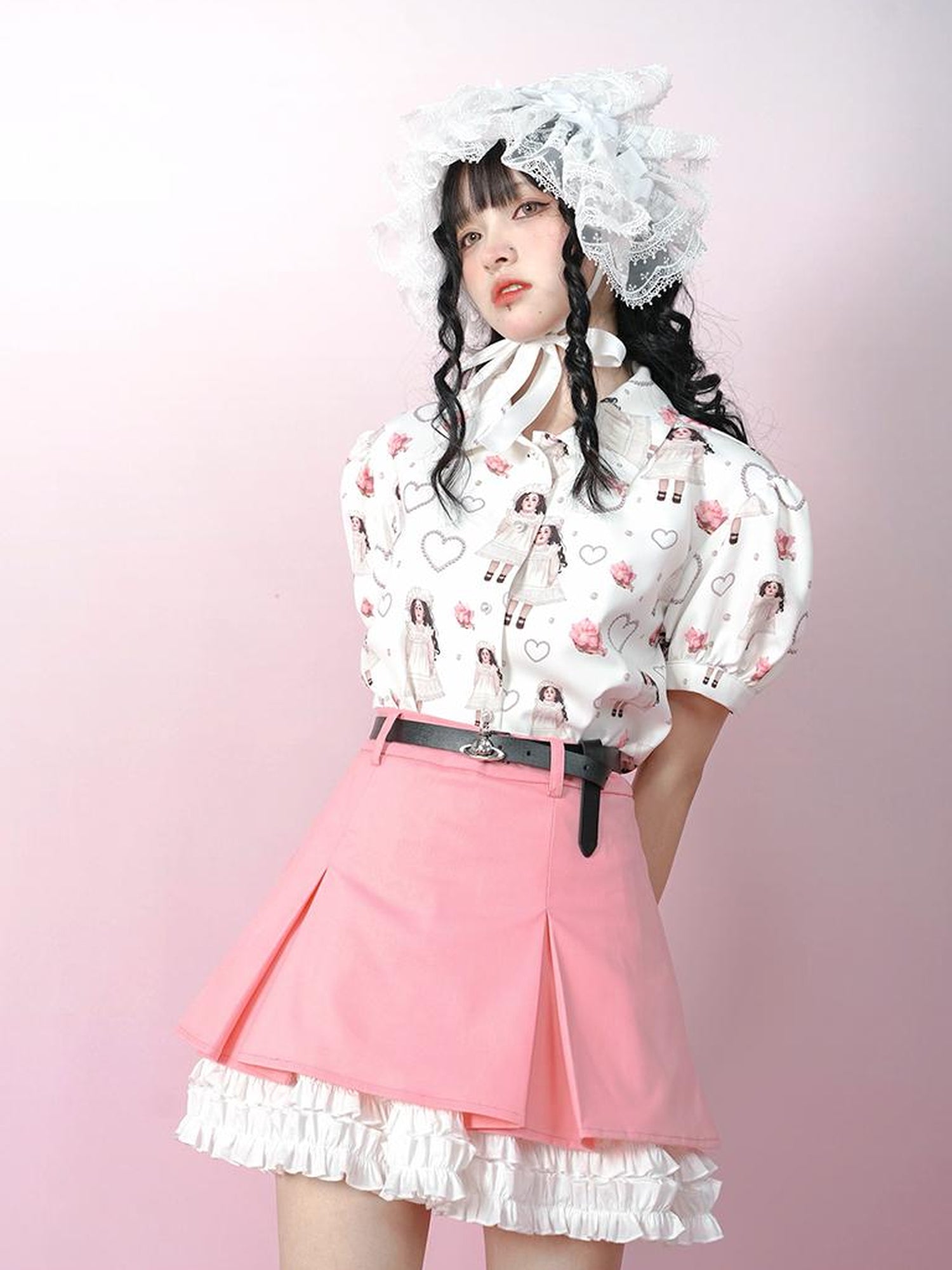 Daytoday Vintage Rose Pearl Print Puff Sleeve Blouse