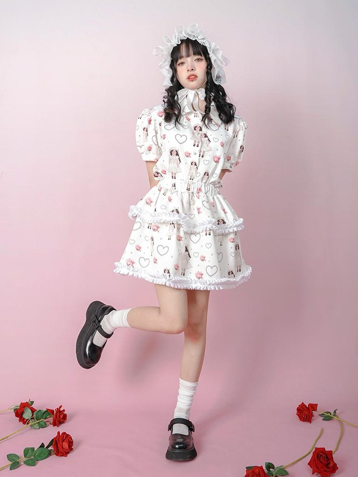 Daytoday Vintage Rose Pearl Print Puff Sleeve Blouse