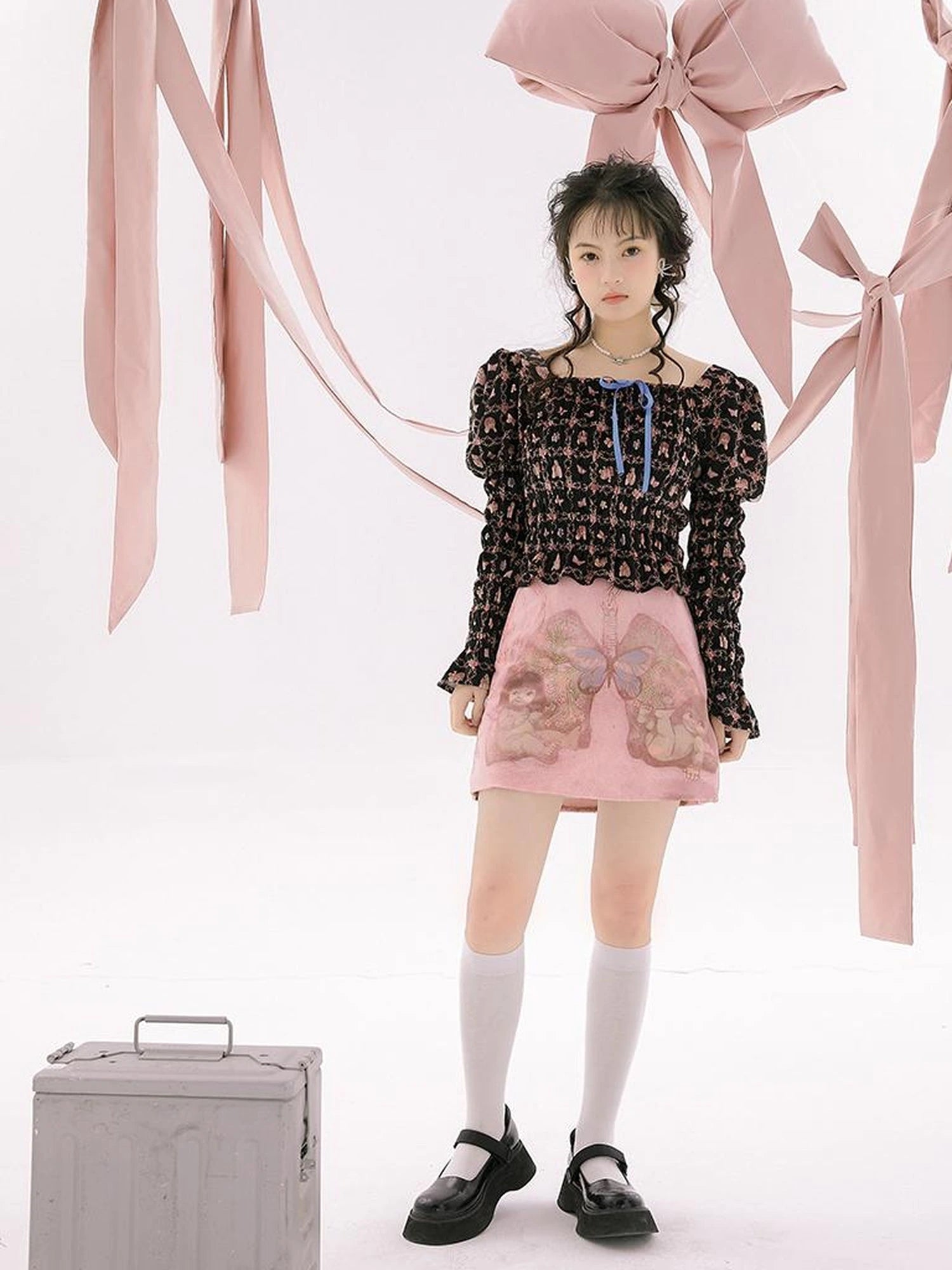 Vintage Velvet Top With Pink Plaid Print