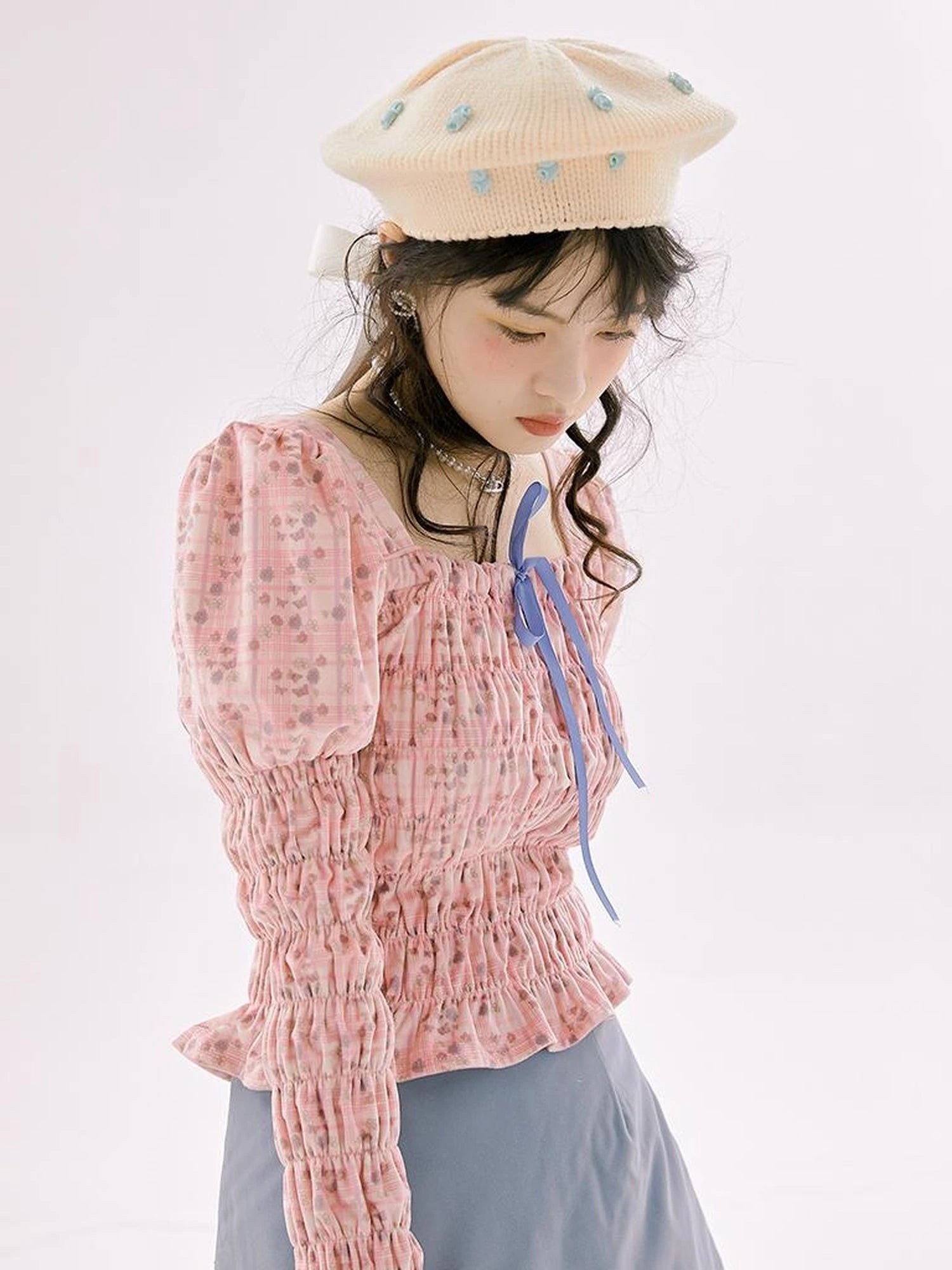 Vintage Velvet Top With Pink Plaid Print