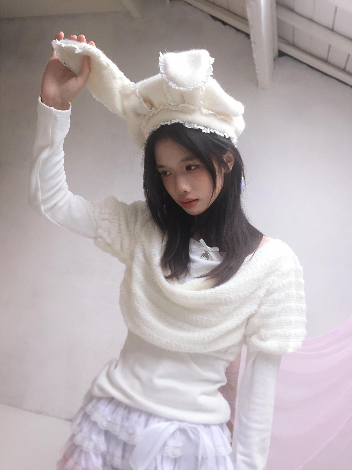 Daytoday White Bow Drape Collar Knit Faux Layered Puff Women&
