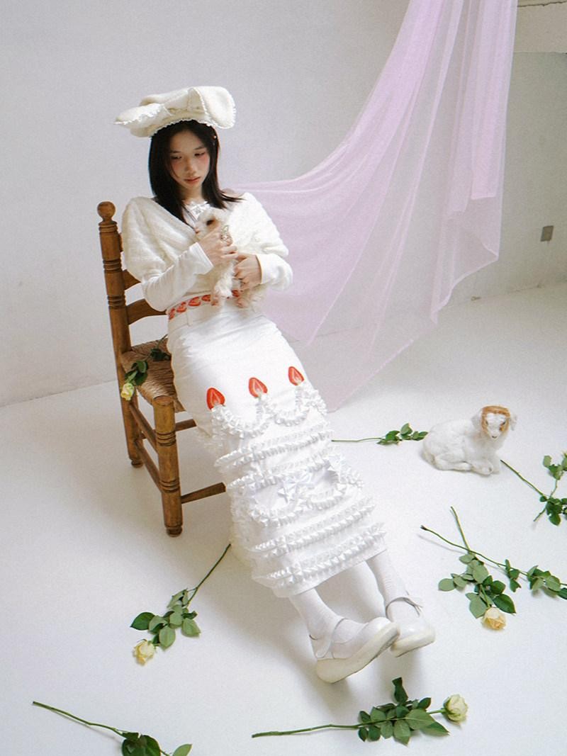Daytoday White Bow Drape Collar Knit Faux Layered Puff Women&