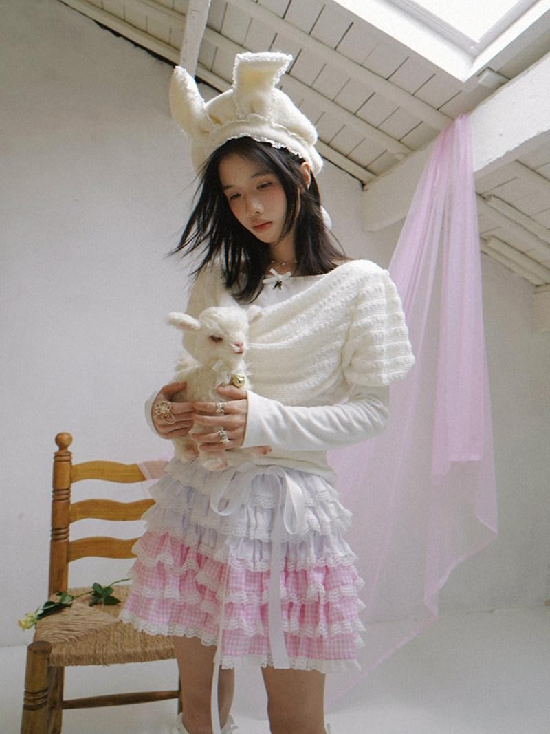 Daytoday White Bow Drape Collar Knit Faux Layered Puff Women&