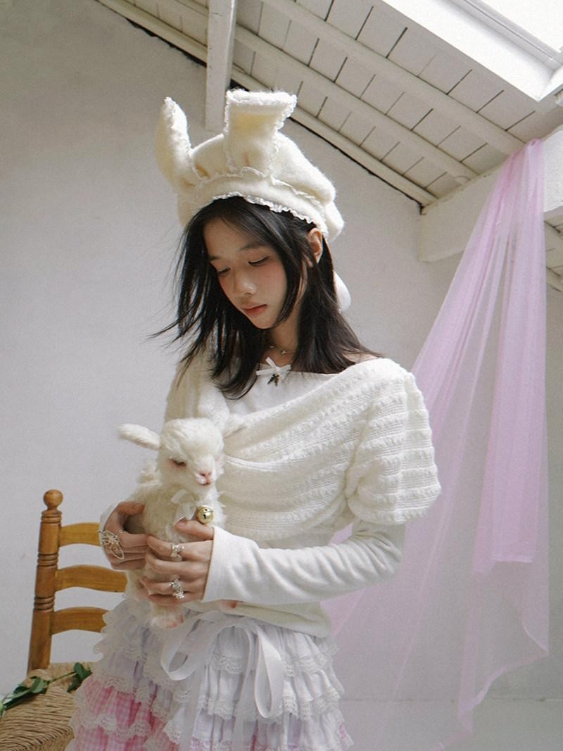 Daytoday White Bow Drape Collar Knit Faux Layered Puff Women&