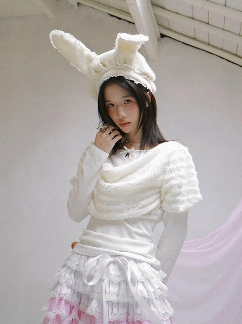 Daytoday White Bow Drape Collar Knit Faux Layered Puff Women&