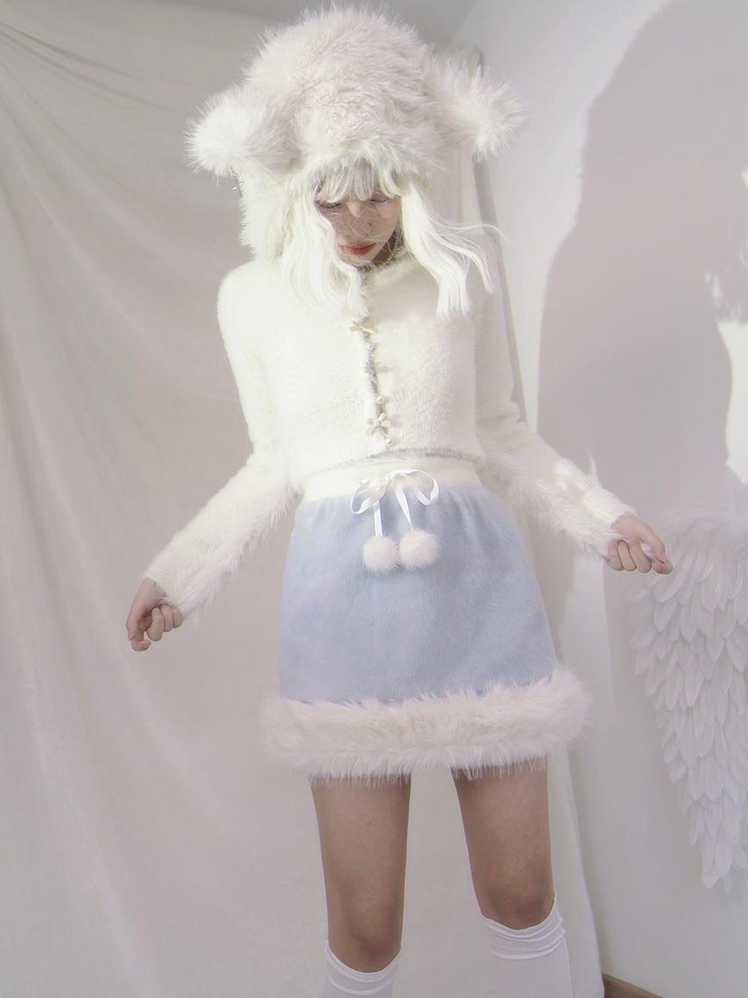 Daytoday Wool Blend Bow Skirt With Puff Ball Trim