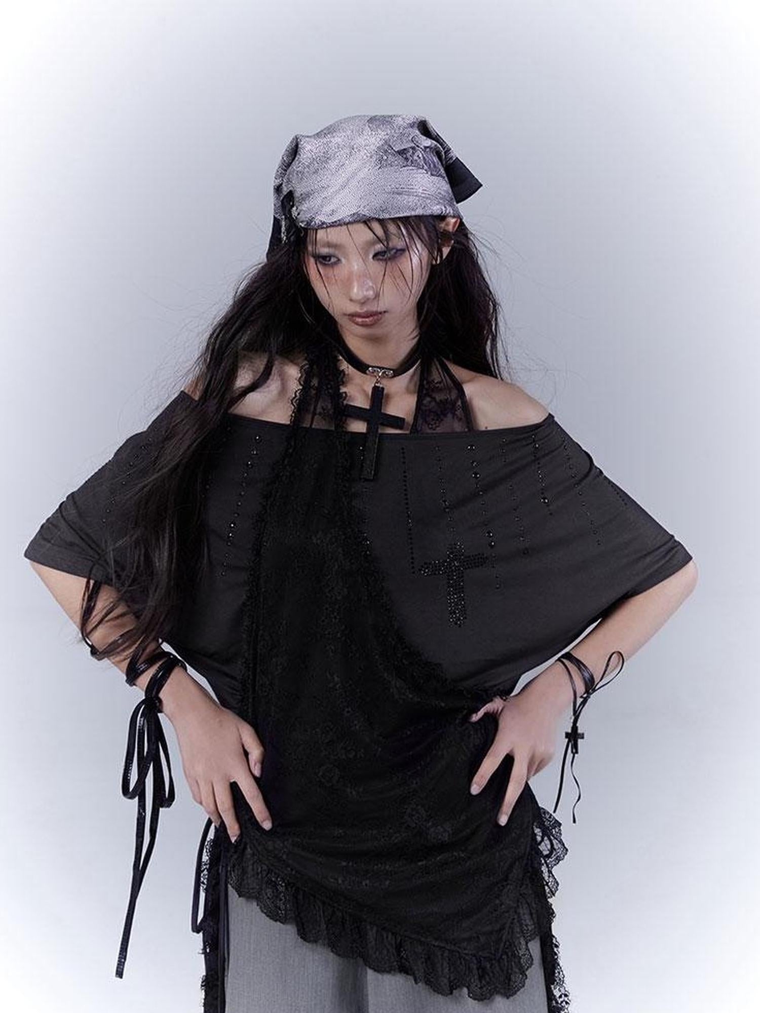 WSW WUSHENWU Dazzling Black Lace Trim Diamond Slim Fit Lazy Style T Shirt