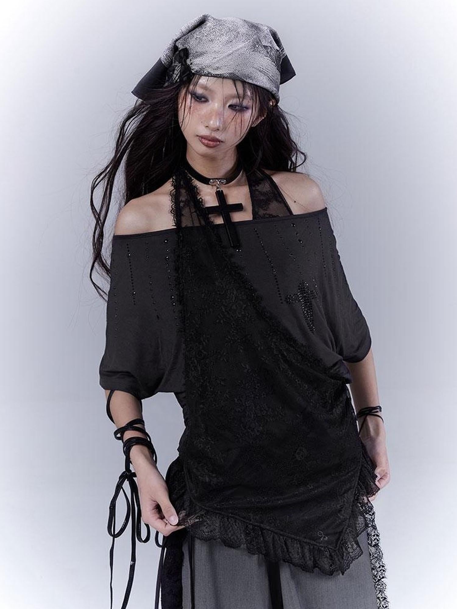 WSW WUSHENWU Dazzling Black Lace Trim Diamond Slim Fit Lazy Style T Shirt