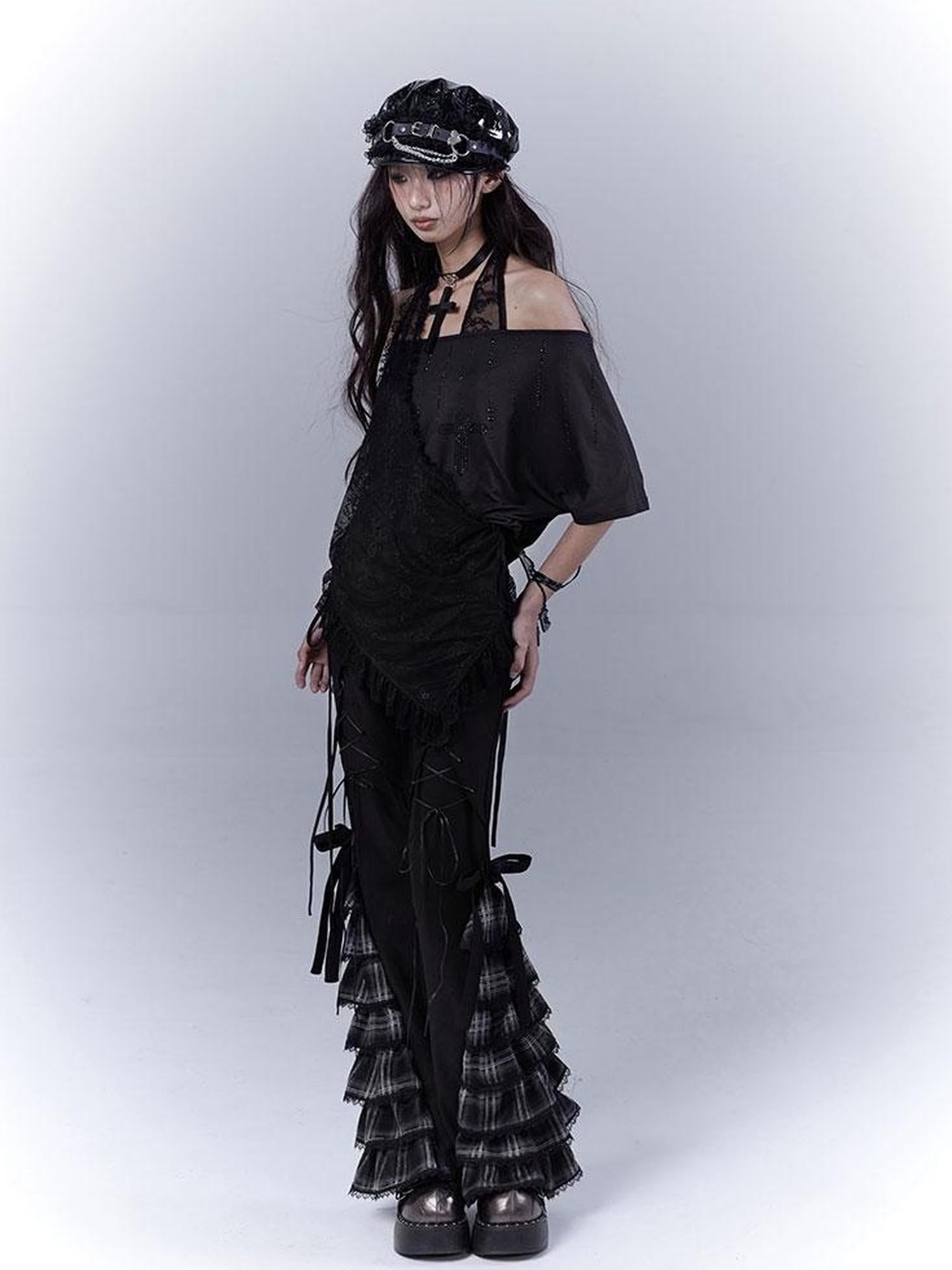 WSW WUSHENWU Dazzling Black Lace Trim Diamond Slim Fit Lazy Style T Shirt
