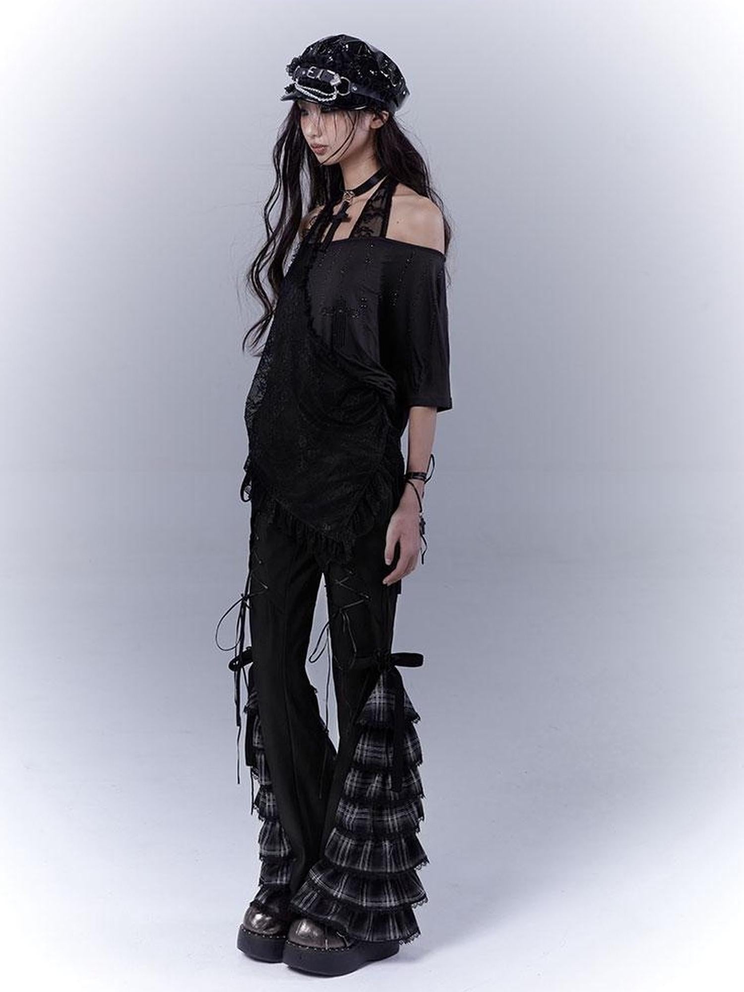 WSW WUSHENWU Dazzling Black Lace Trim Diamond Slim Fit Lazy Style T Shirt