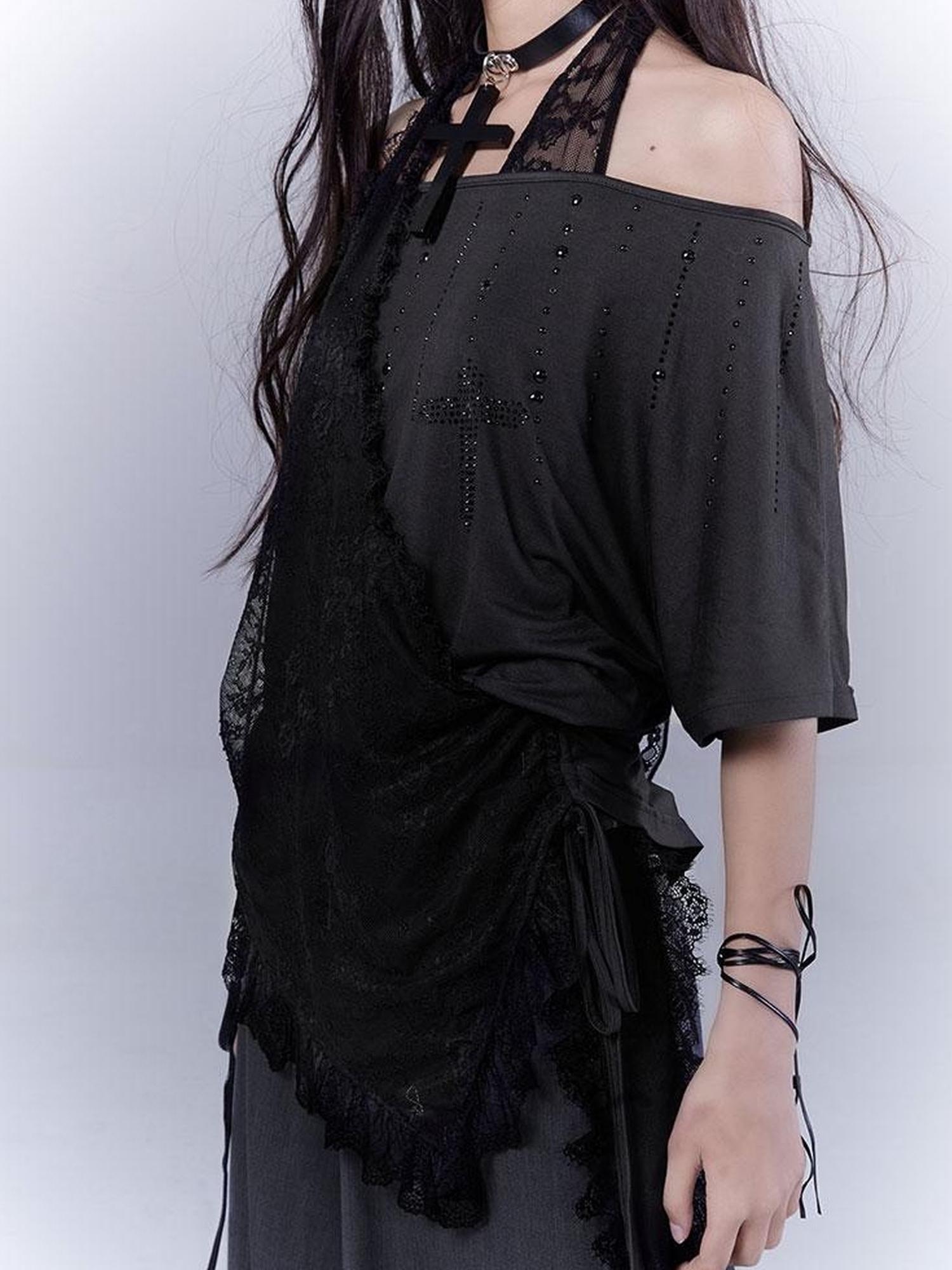 WSW WUSHENWU Dazzling Black Lace Trim Diamond Slim Fit Lazy Style T Shirt