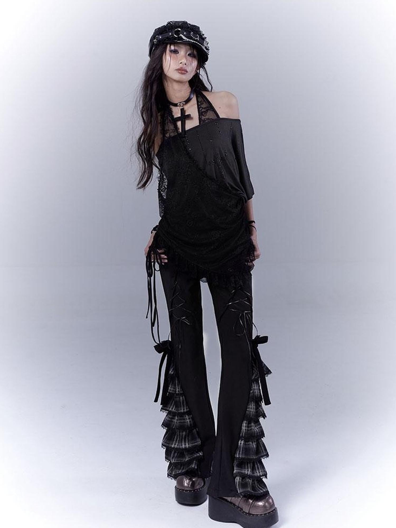 WSW WUSHENWU Dazzling Black Lace Trim Diamond Slim Fit Lazy Style T Shirt