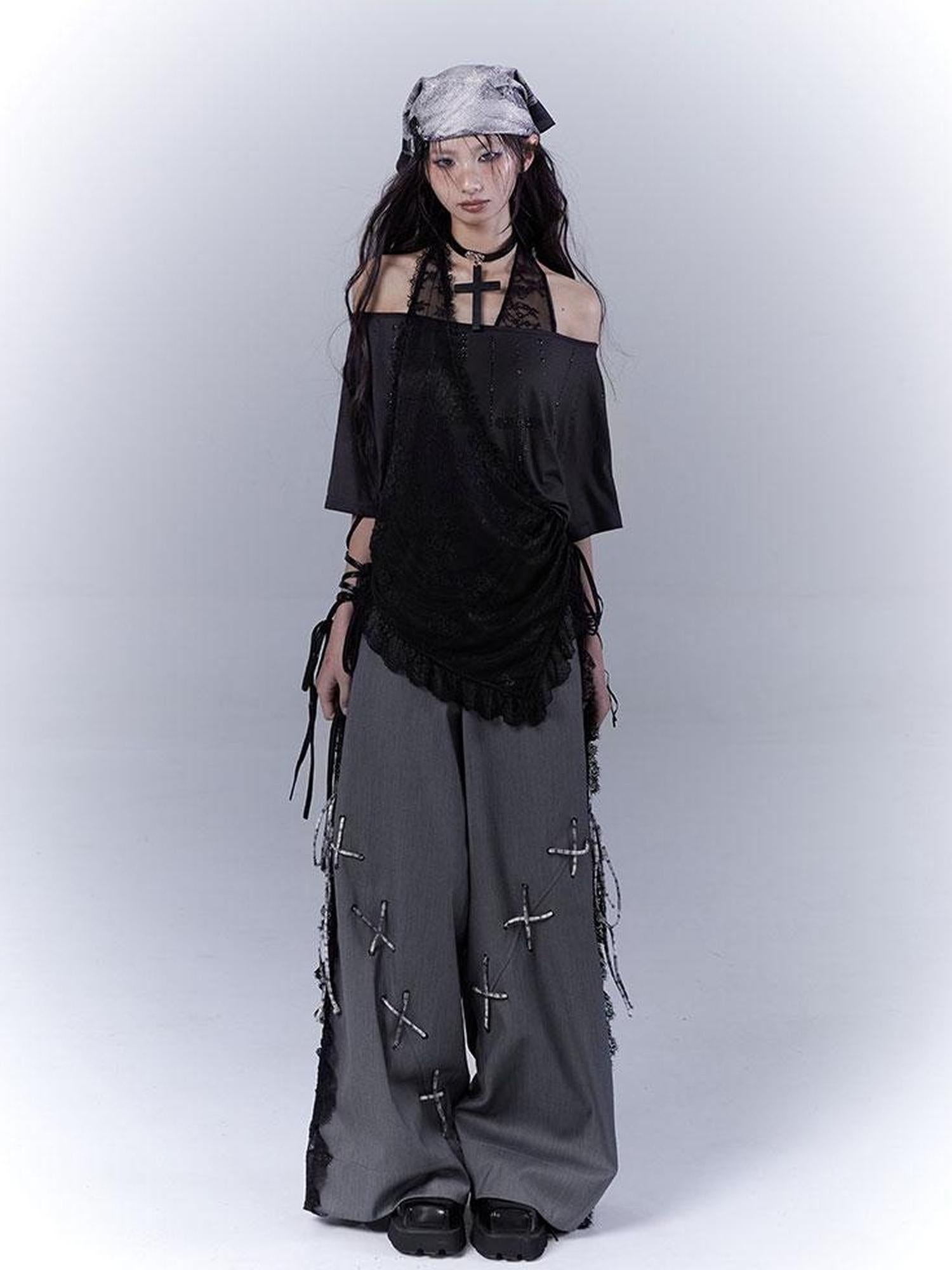 WSW WUSHENWU Dazzling Black Lace Trim Diamond Slim Fit Lazy Style T Shirt