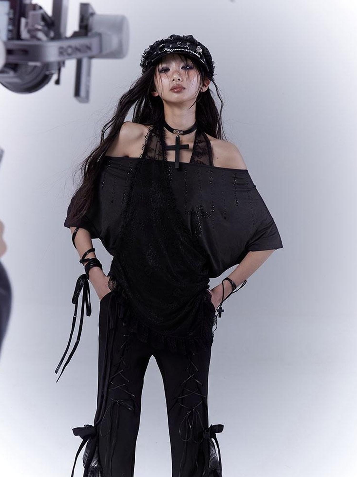 WSW WUSHENWU Dazzling Black Lace Trim Diamond Slim Fit Lazy Style T Shirt