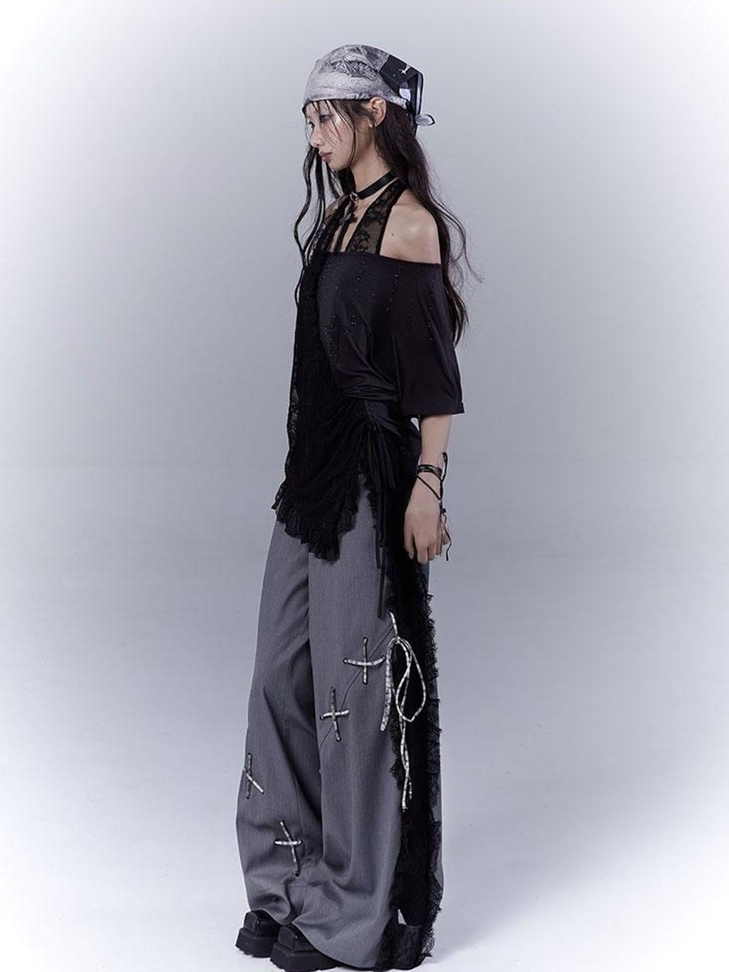 WSW WUSHENWU Dazzling Black Lace Trim Diamond Slim Fit Lazy Style T Shirt