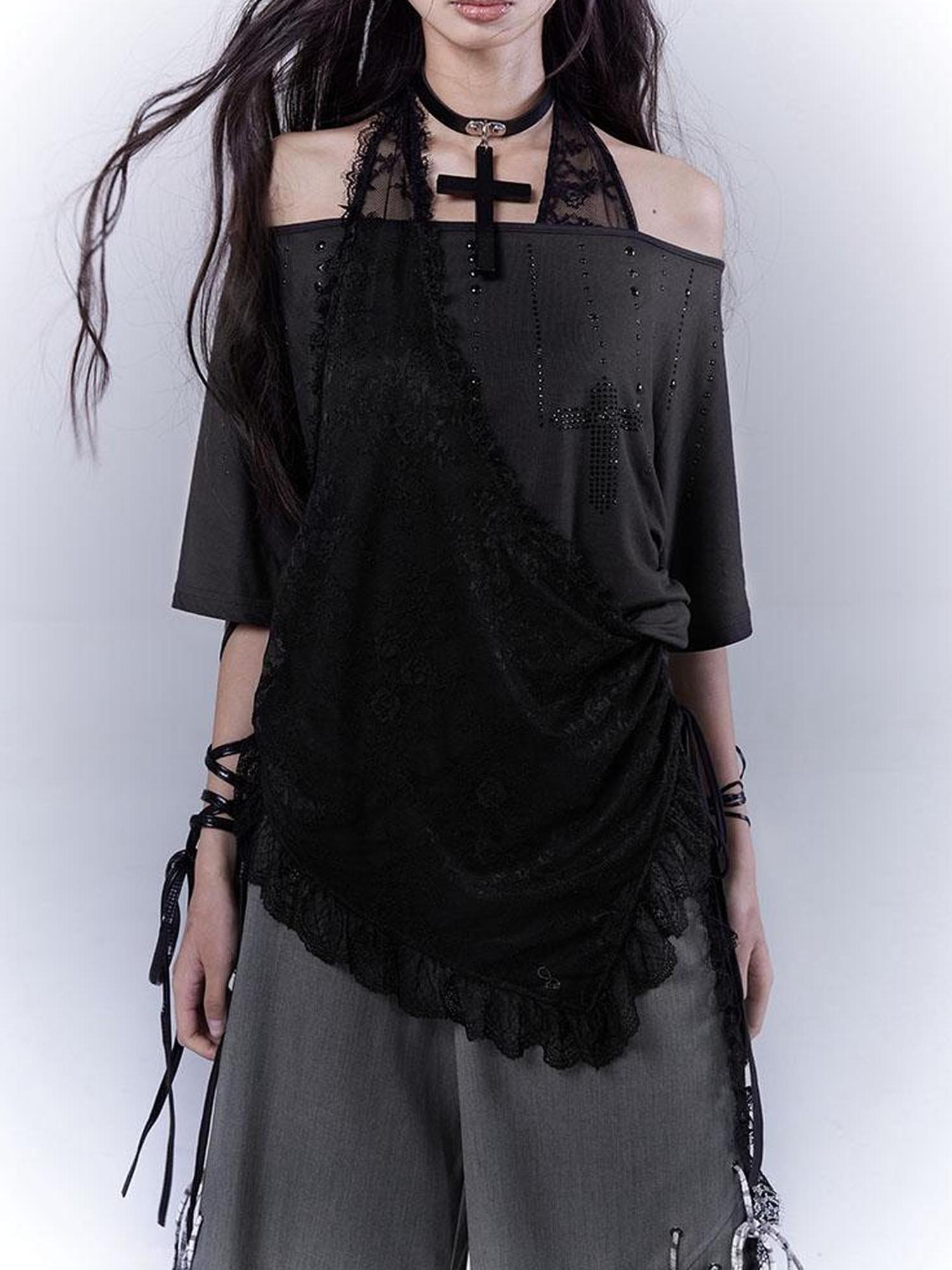 WSW WUSHENWU Dazzling Black Lace Trim Diamond Slim Fit Lazy Style T Shirt