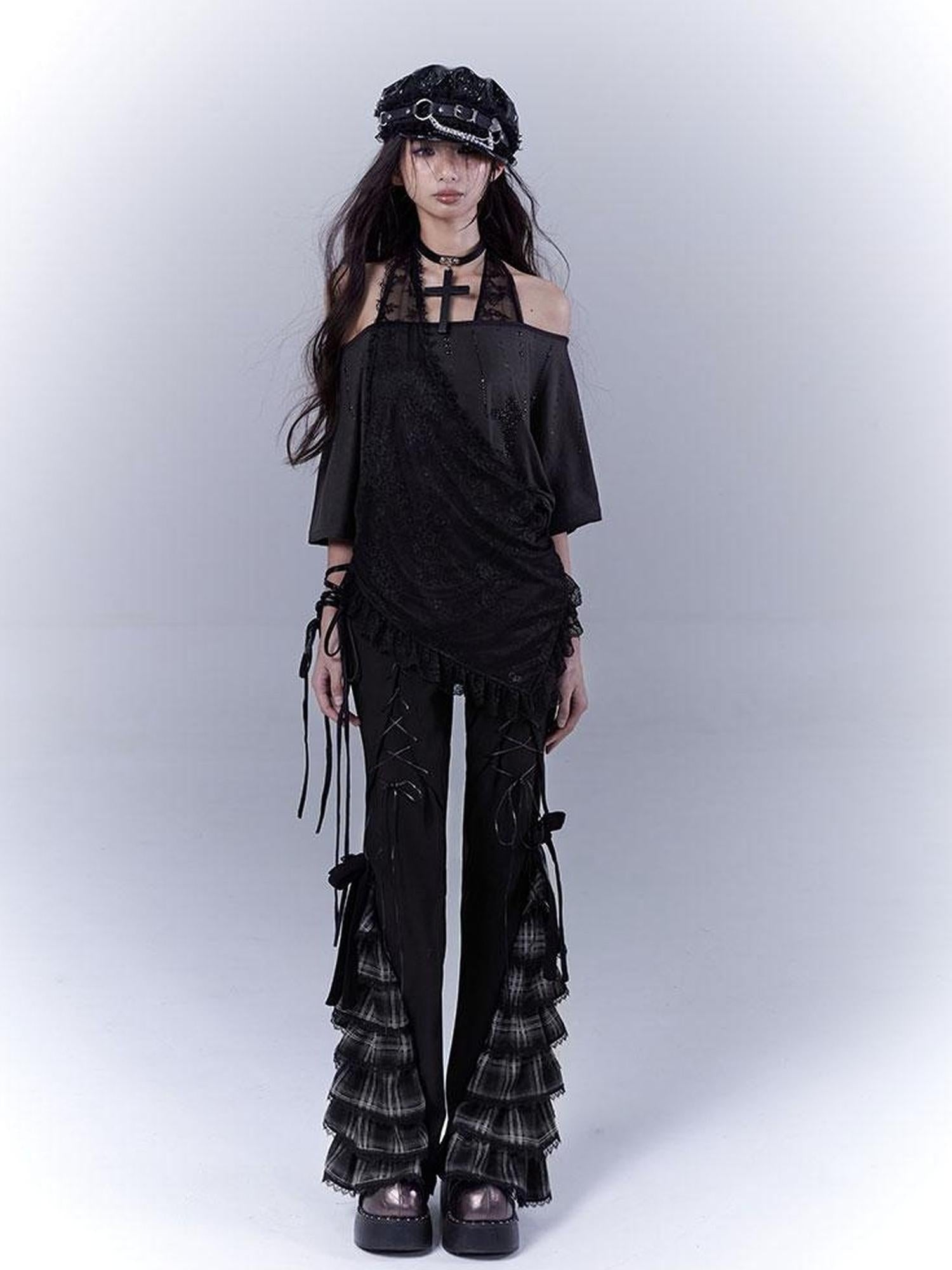 WSW WUSHENWU Dazzling Black Lace Trim Diamond Slim Fit Lazy Style T Shirt