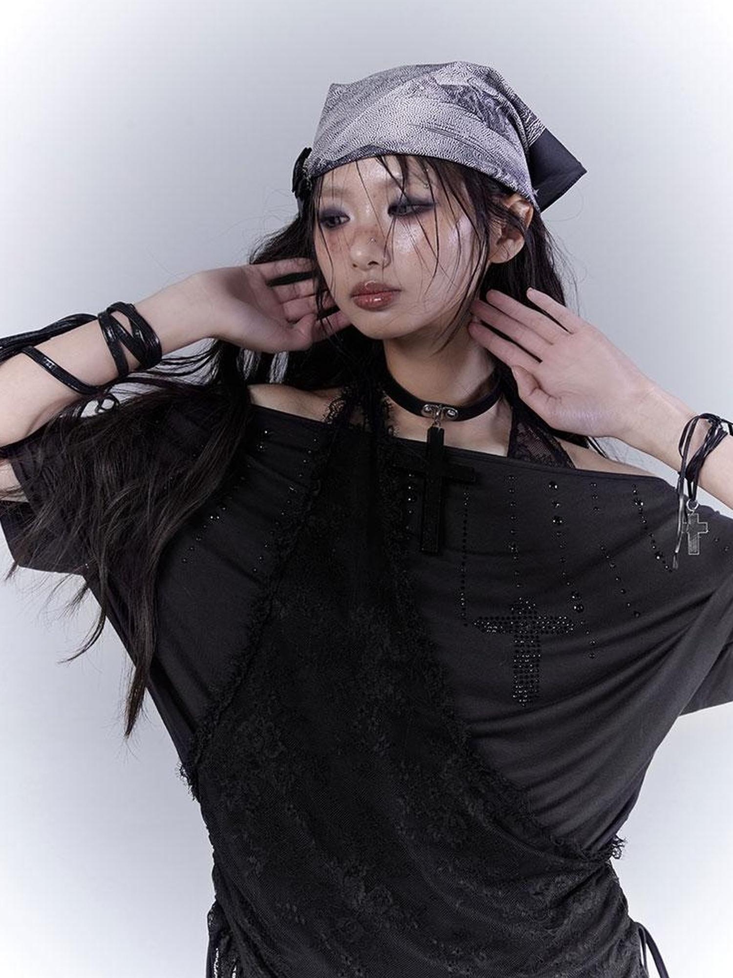 WSW WUSHENWU Dazzling Black Lace Trim Diamond Slim Fit Lazy Style T Shirt