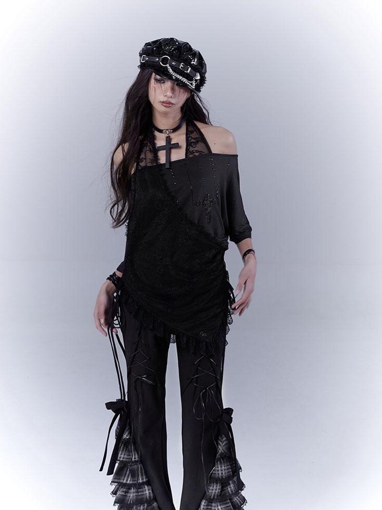 WSW WUSHENWU Dazzling Black Lace Trim Diamond Slim Fit Lazy Style T Shirt