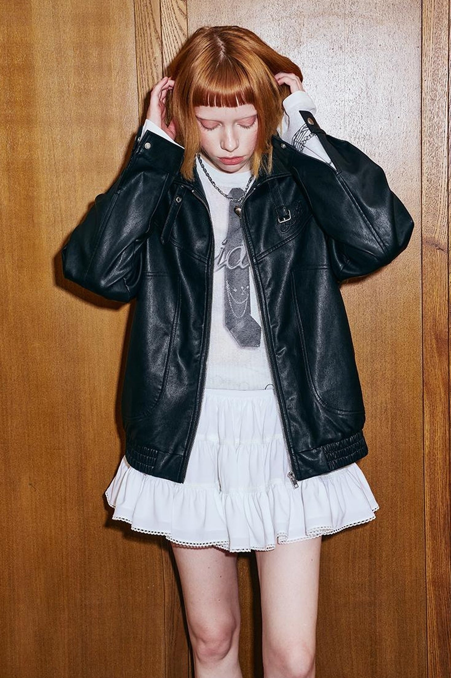 DIDDI MODA Deconstructed Bow Embroidered Oversized Pu Leather Jacket