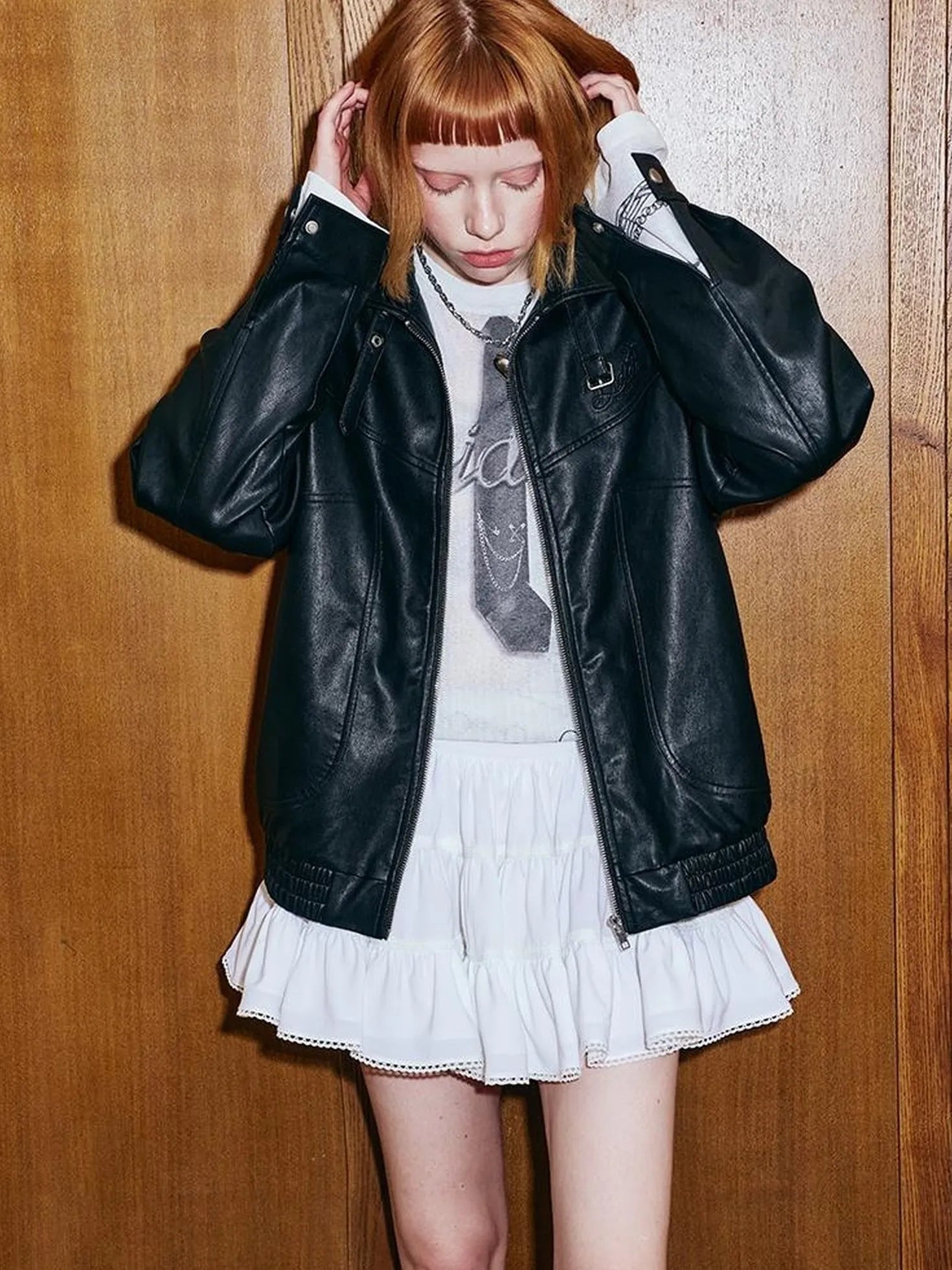Deconstructed Bow Embroidered Oversized Pu Leather Jacket