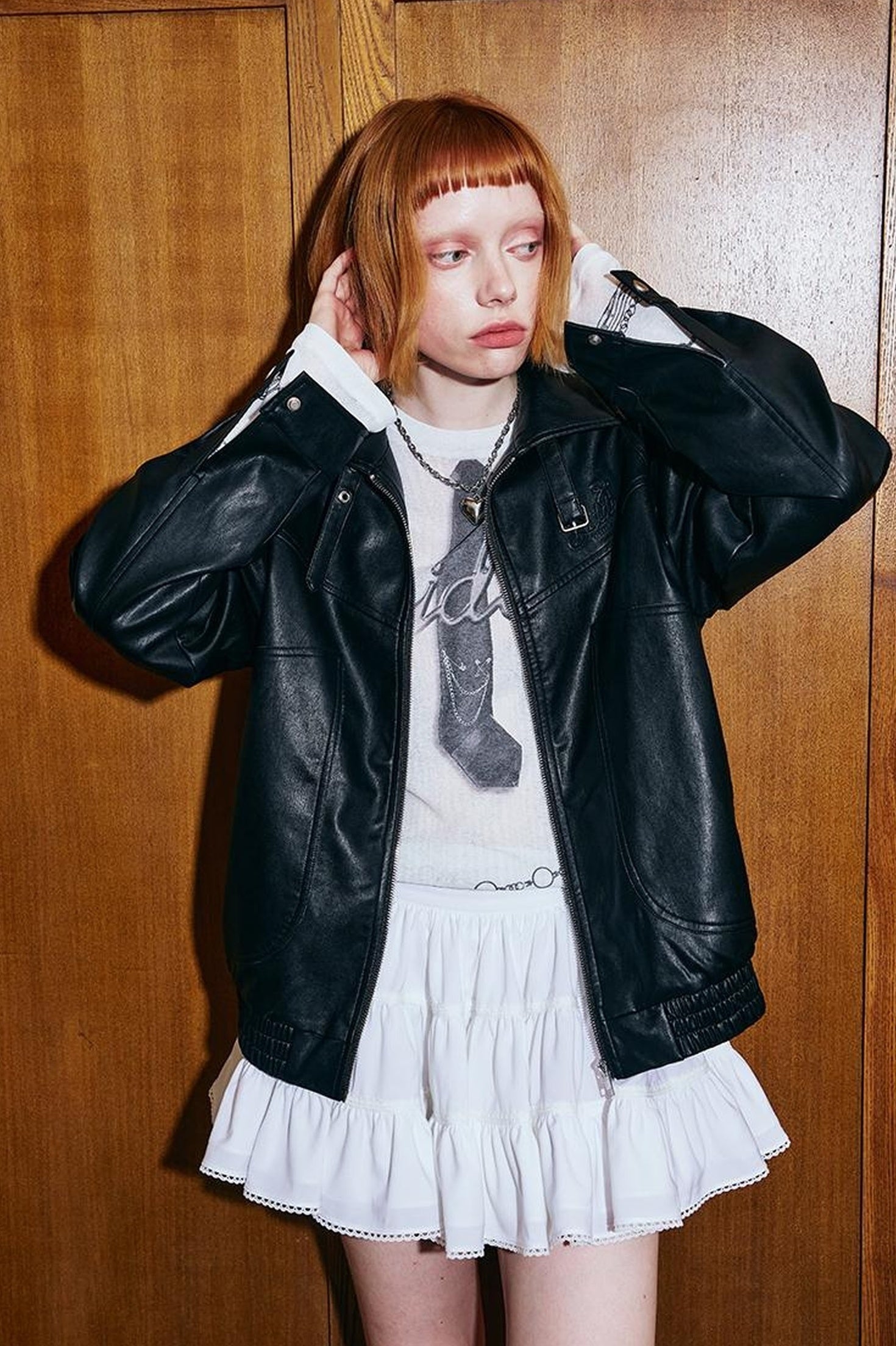 DIDDI MODA Deconstructed Bow Embroidered Oversized Pu Leather Jacket