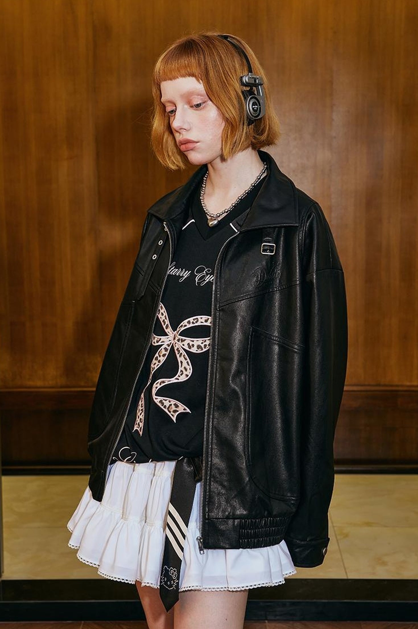 DIDDI MODA Deconstructed Bow Embroidered Oversized Pu Leather Jacket