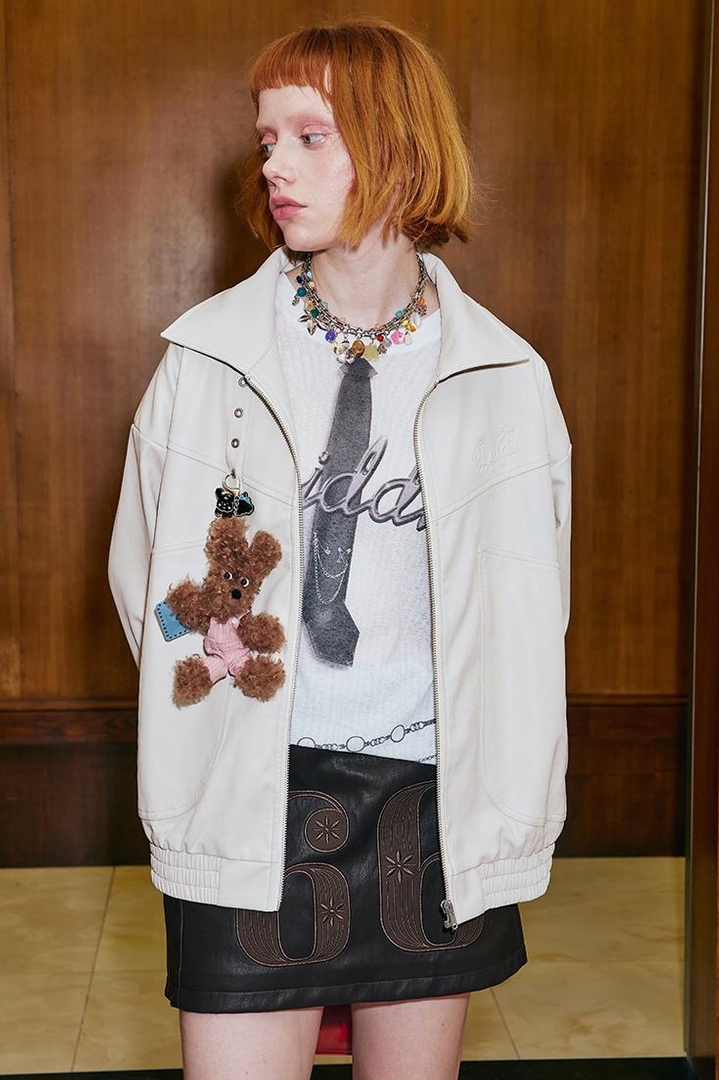 DIDDI MODA Deconstructed Bow Embroidered Oversized Pu Leather Jacket