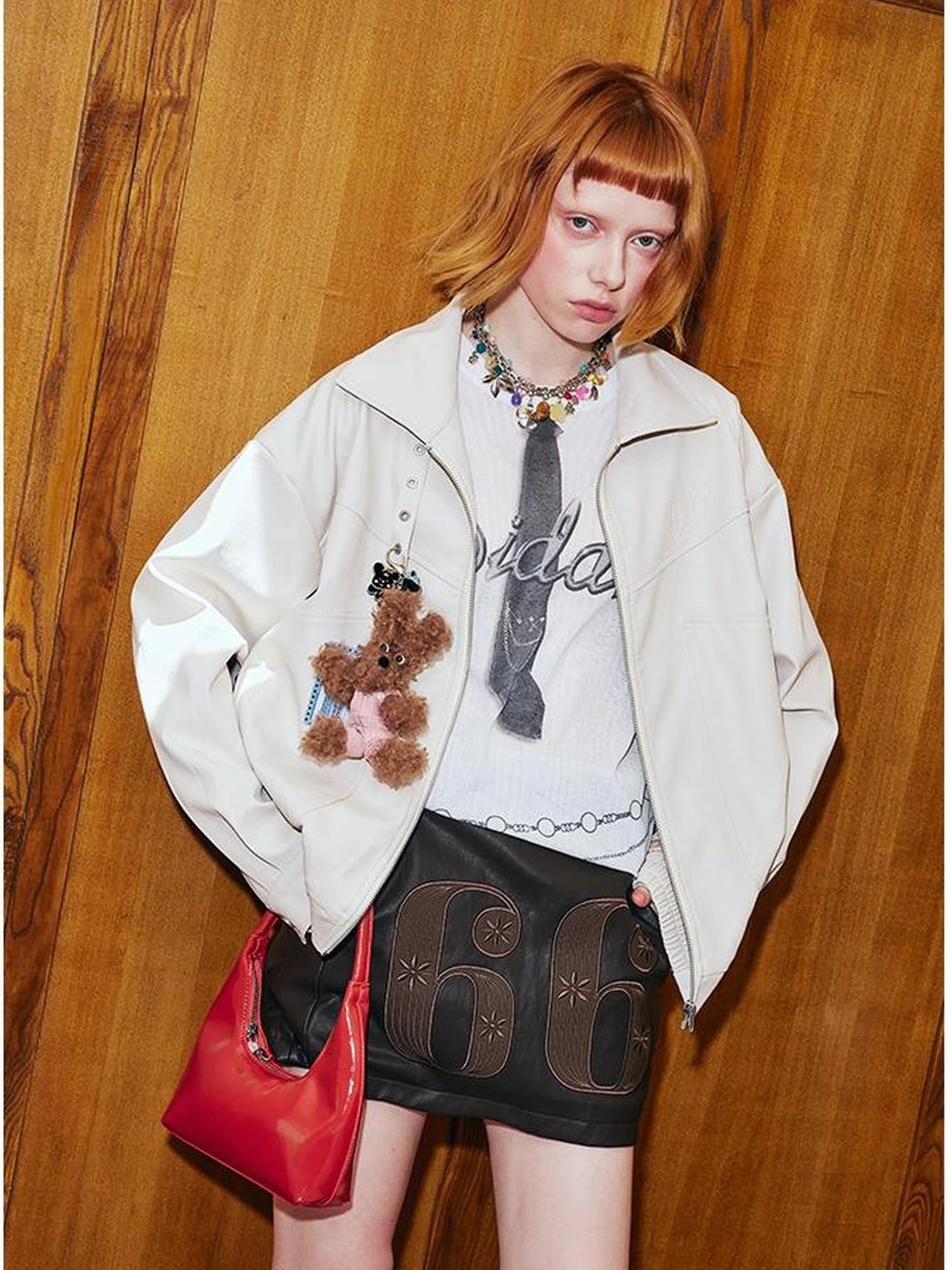 Deconstructed Bow Embroidered Oversized Pu Leather Jacket