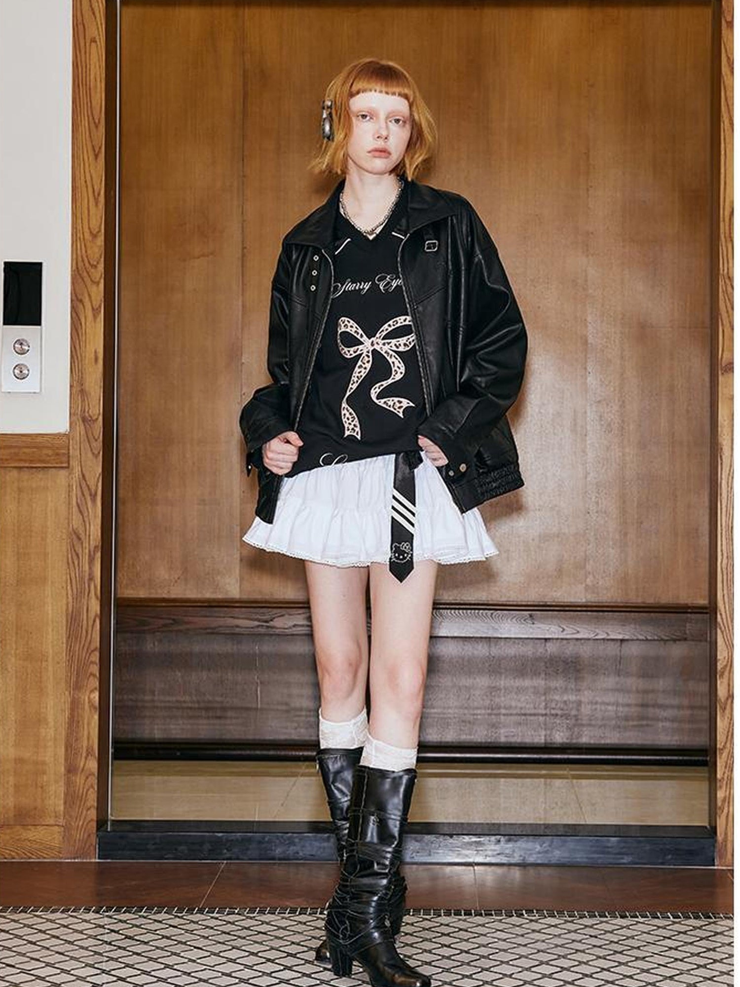 DIDDI MODA Deconstructed Bow Embroidered Oversized Pu Leather Jacket