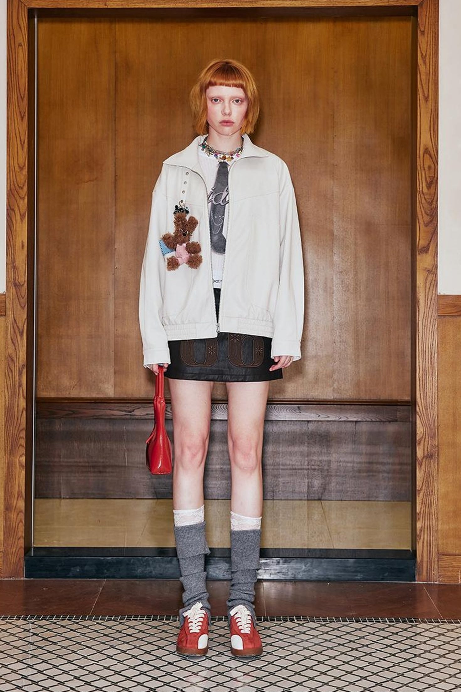 DIDDI MODA Deconstructed Bow Embroidered Oversized Pu Leather Jacket